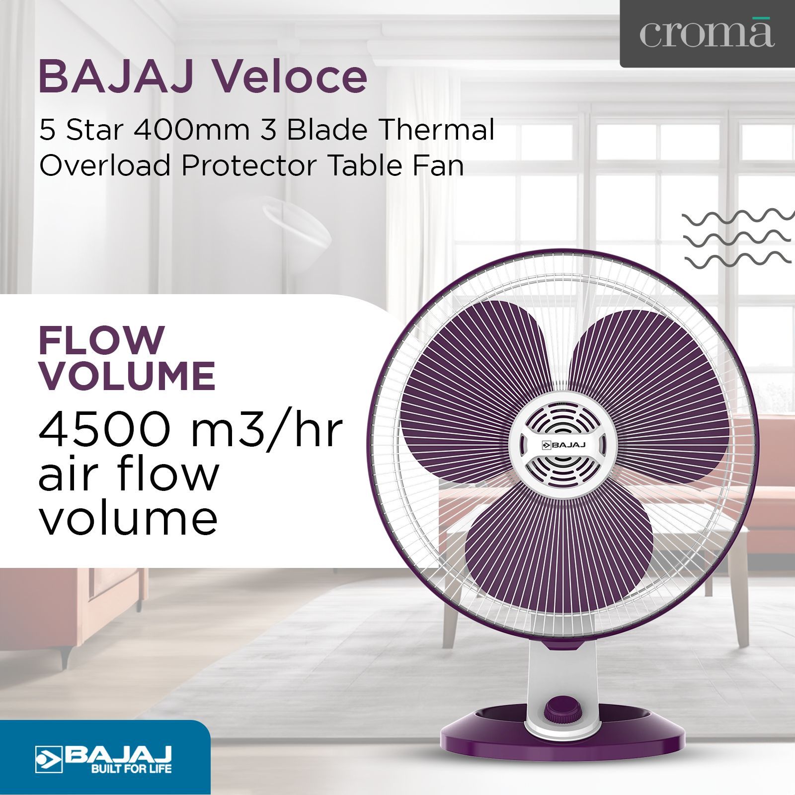 BAJAJ Veloce 5 Star 400mm 3 Blade Thermal Overload Protector Table Fan (Copper Motor, White & Purple) BAJAJ Veloce 5 Star 400mm 3 Blade Thermal Overload Protector Table Fan (Copper Motor, White & Purple)_4