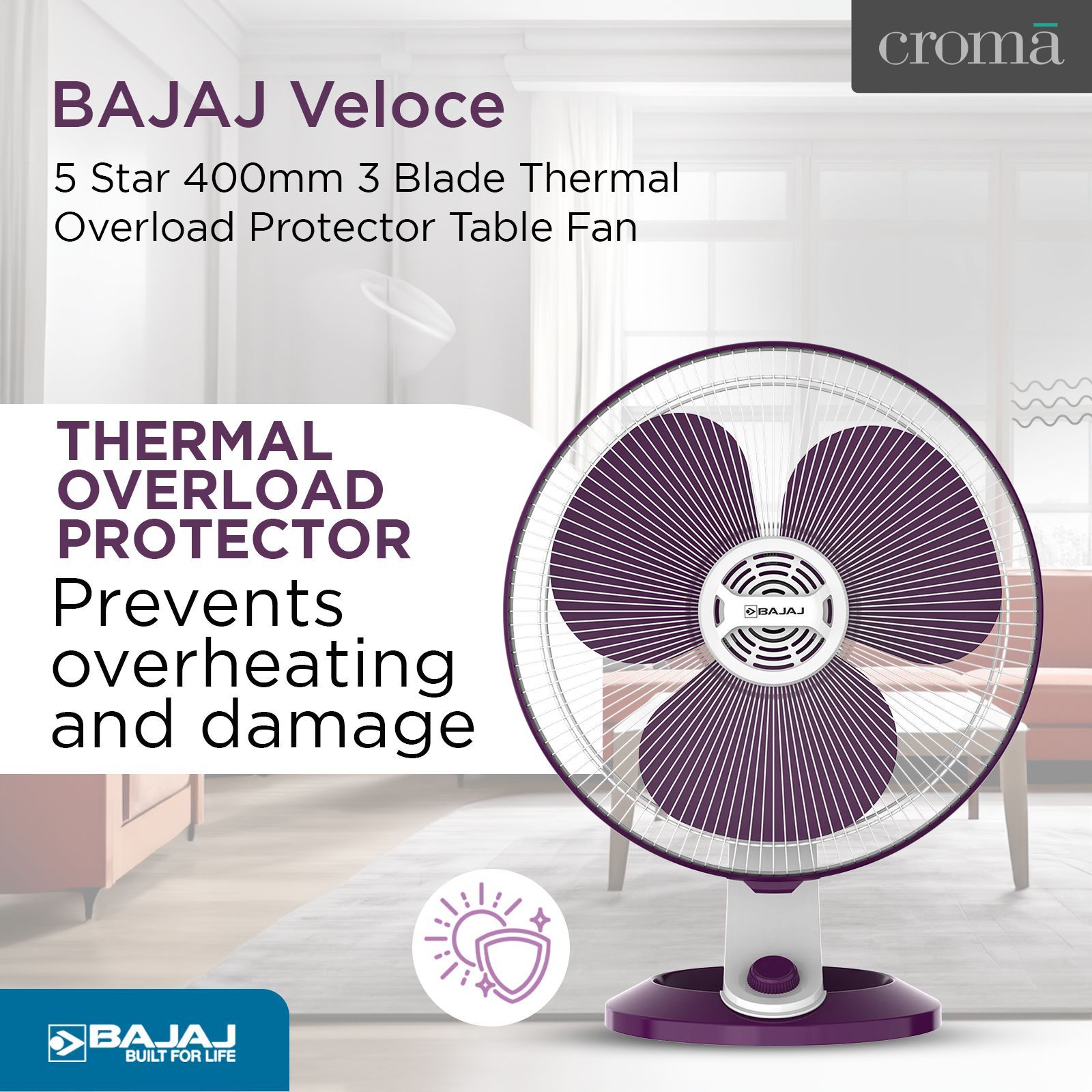 BAJAJ Veloce 5 Star 400mm 3 Blade Thermal Overload Protector Table Fan (Copper Motor, White & Purple) BAJAJ Veloce 5 Star 400mm 3 Blade Thermal Overload Protector Table Fan (Copper Motor, White & Purple)_5