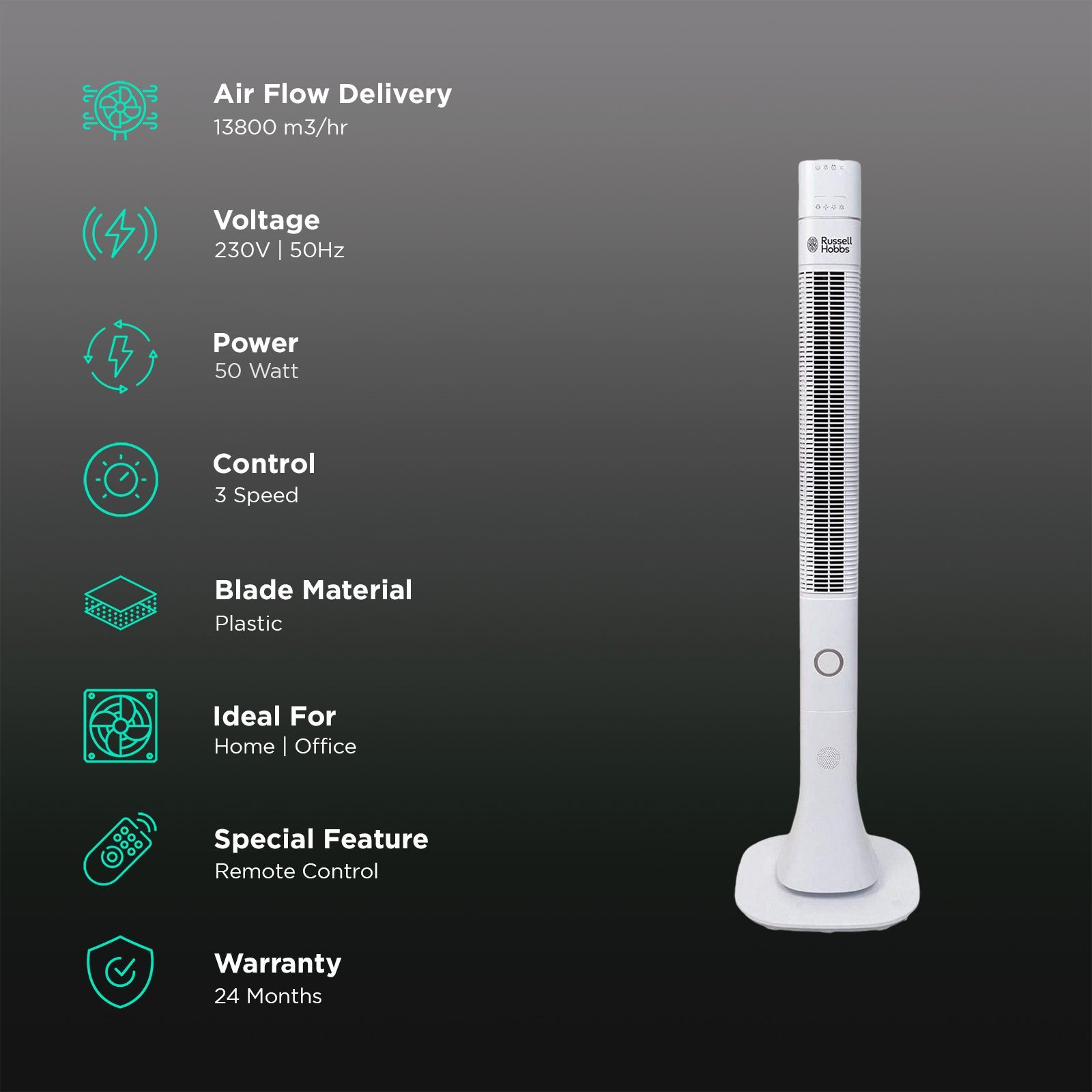 Russell Hobbs RTF-4800 Bladeless 13800 m3/hr Air Delivery Tower Fan with Remote (Superior Quality, White)_3