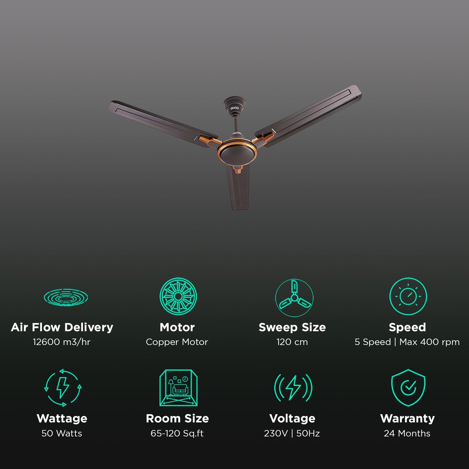 USHA Racer Chrome 1 Star 1200mm 3 Blade Copper Motor Ceiling Fan (Low Voltage, Smoke Brown) USHA Racer Chrome 1 Star 1200mm 3 Blade Copper Motor Ceiling Fan (Low Voltage, Smoke Brown)_3