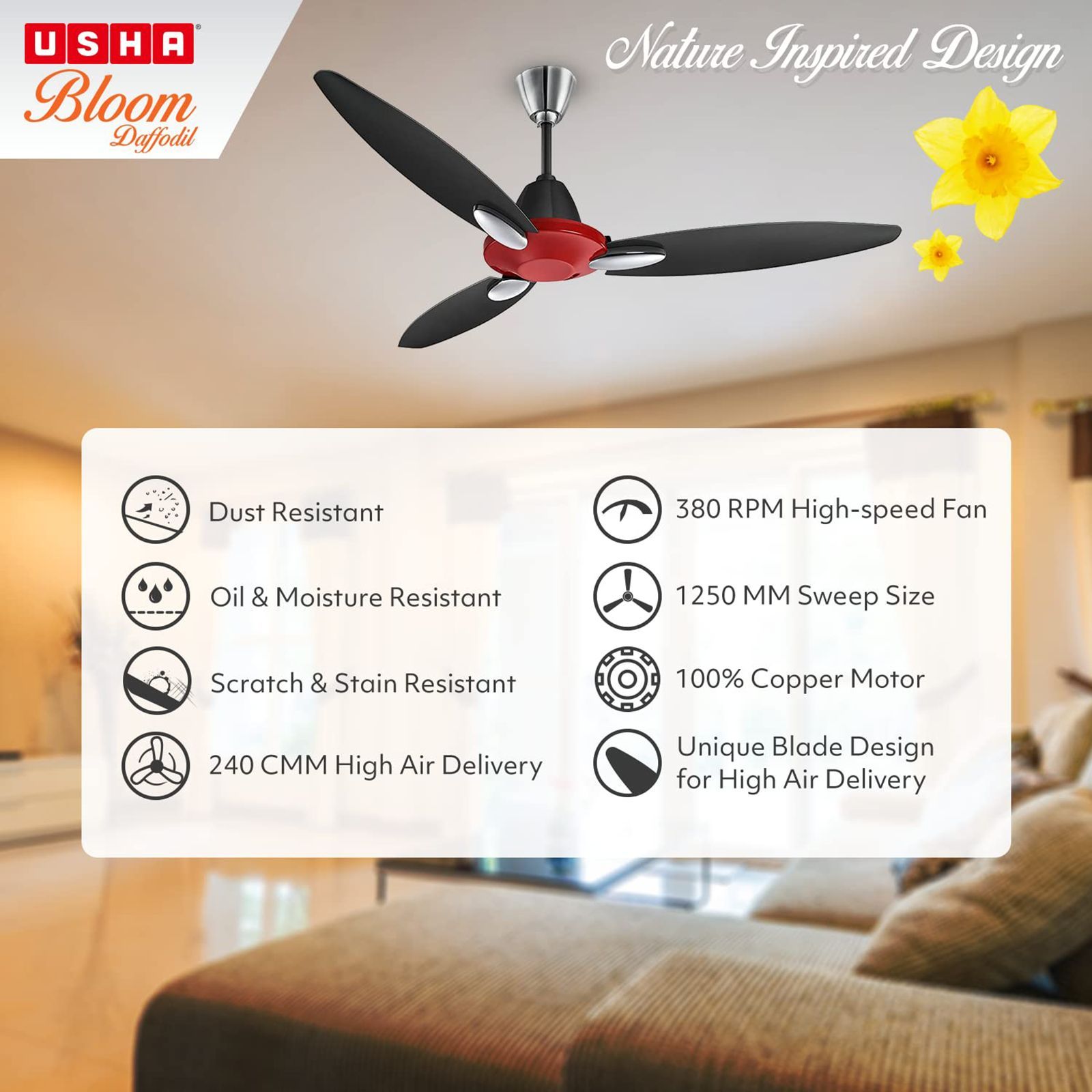 USHA Bloom Daffodil 1 Star 1250mm 3 Blade Electroplated Finish Ceiling Fan (Dust Resistant, Red & Black) USHA Bloom Daffodil 1 Star 1250mm 3 Blade Electroplated Finish Ceiling Fan (Dust Resistant, Red & Black)_8