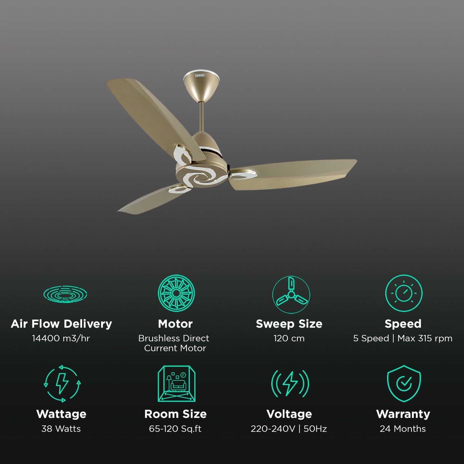 USHA Lambda 5 Star 1200mm 3 Blade BLDC Motor Ceiling Fan with Remote (Dust & Oil Resistant, Beige)_3