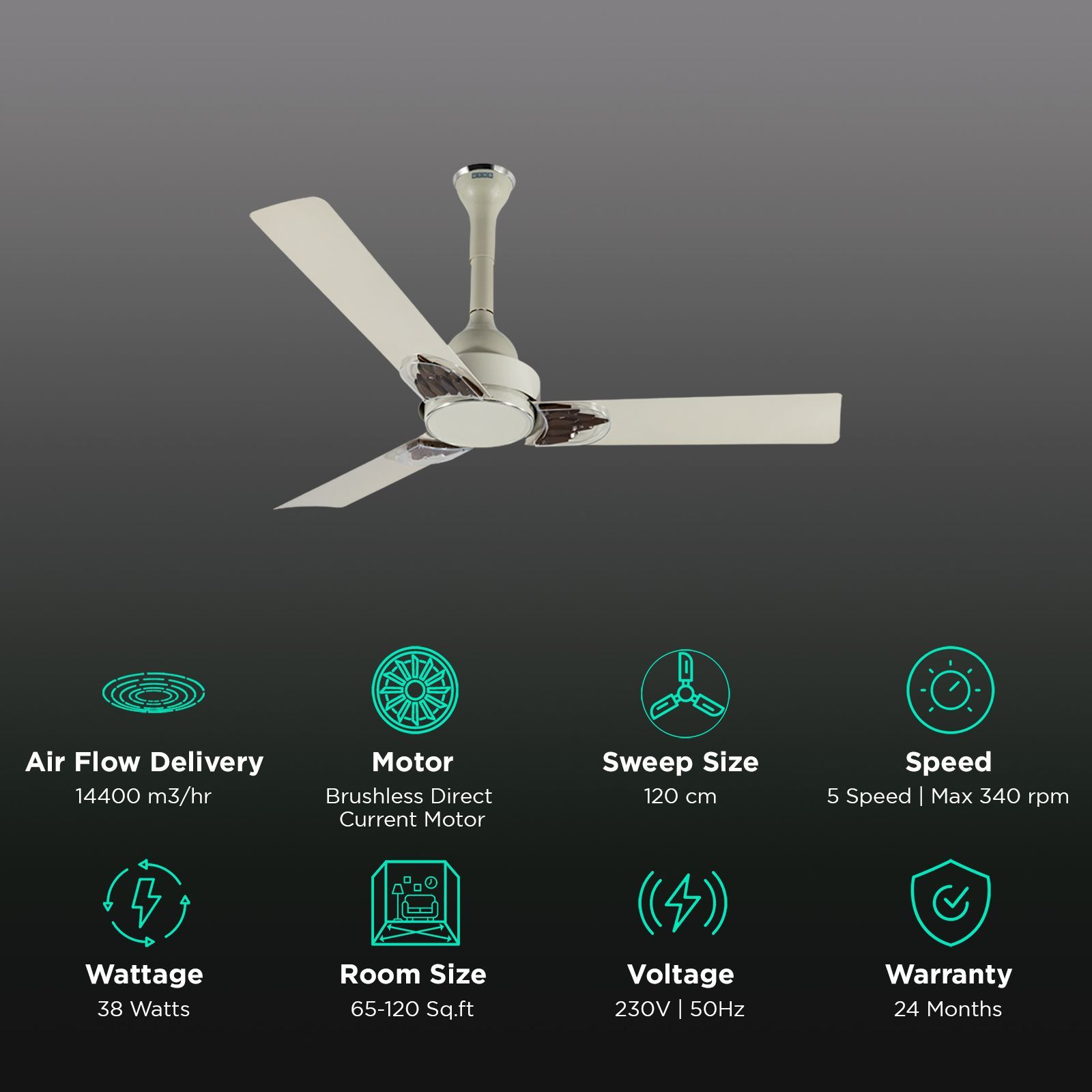 USHA Phi Beta 5 Star 1200mm 3 Blade BLDC Motor Ceiling Fan with Remote (Whisper Quiet Operation, Silk Grey)_3