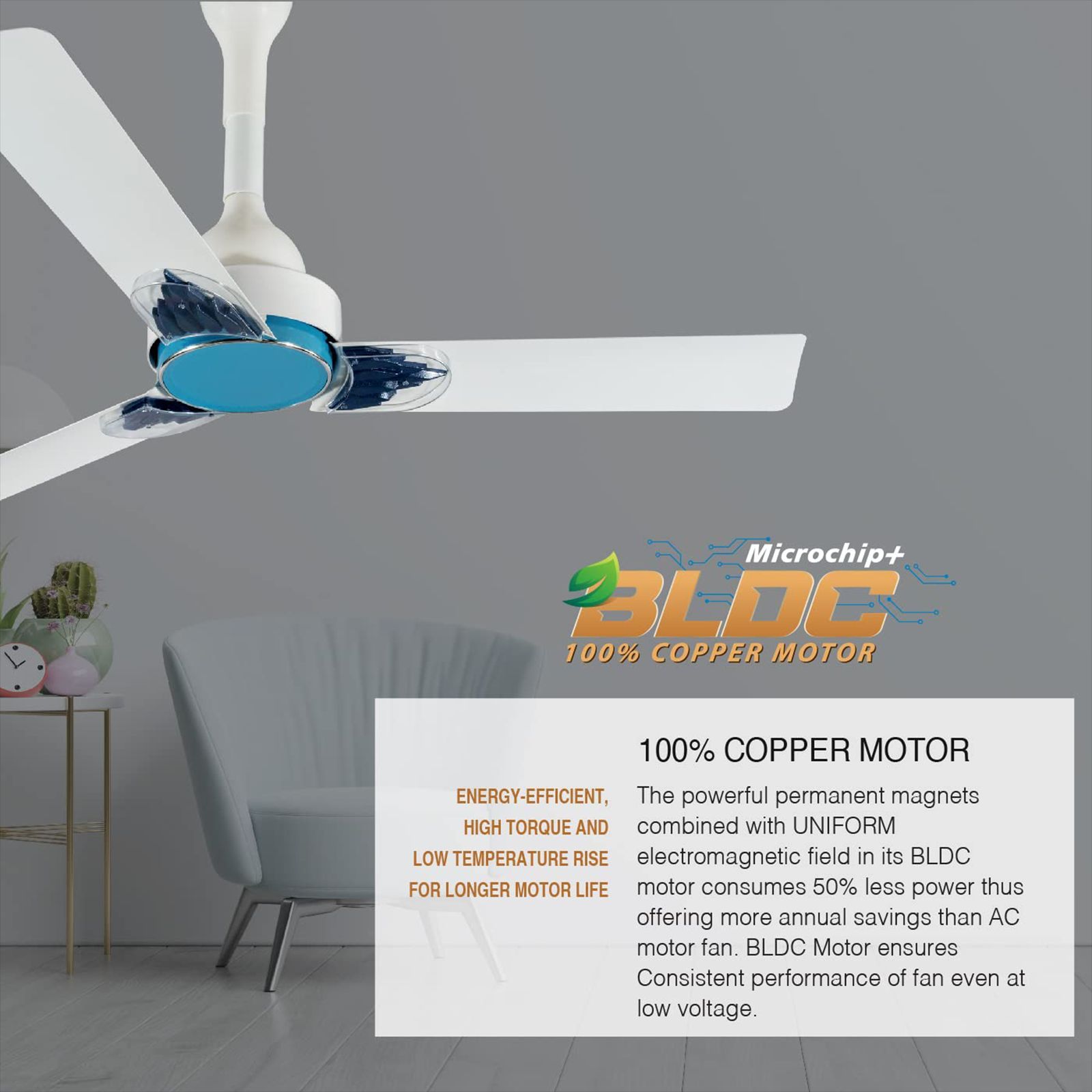 USHA Phi Beta 5 Star 1200mm 3 Blade BLDC Motor Ceiling Fan with Remote (Whisper Quiet Operation, White)_7