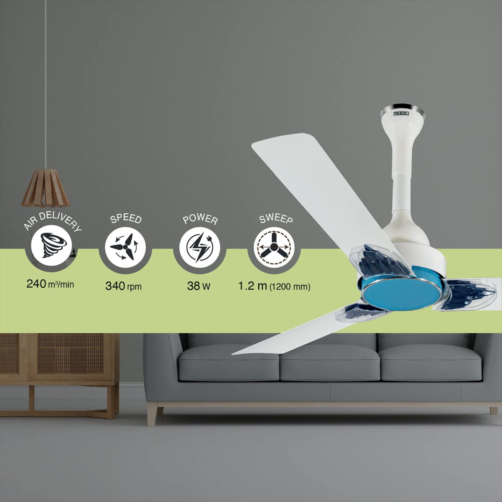 USHA Phi Beta 5 Star 1200mm 3 Blade BLDC Motor Ceiling Fan with Remote (Whisper Quiet Operation, White)_9