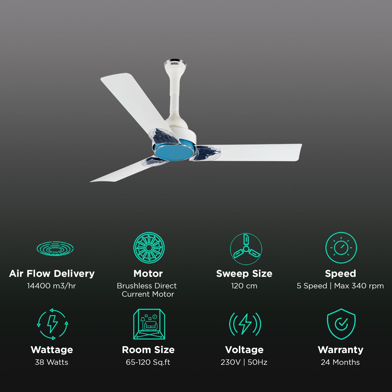 USHA Phi Beta 5 Star 1200mm 3 Blade BLDC Motor Ceiling Fan with Remote (Whisper Quiet Operation, White)_3