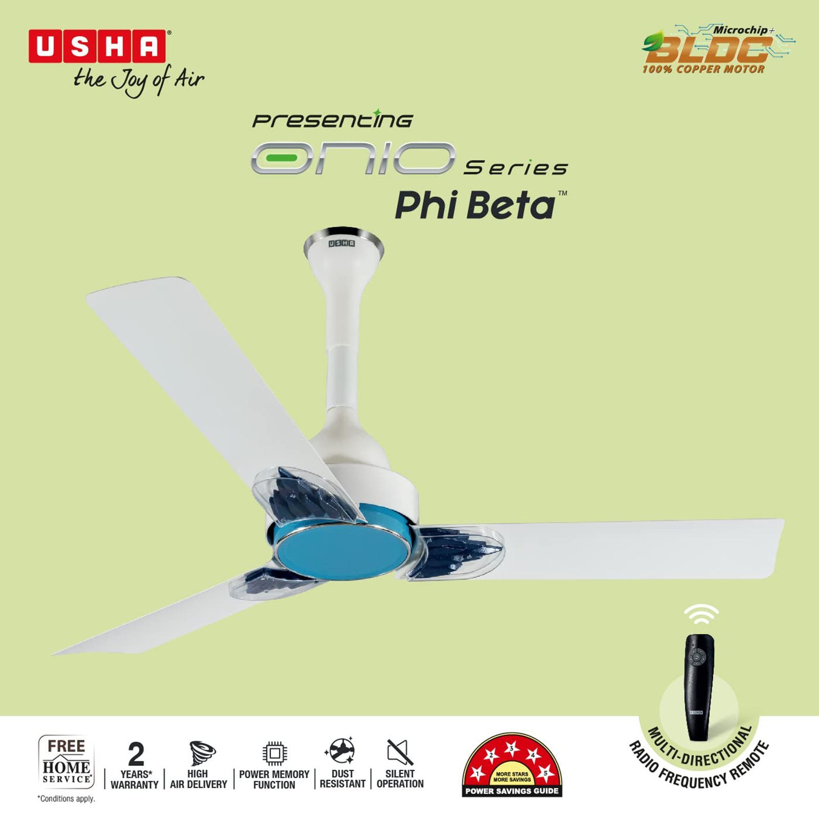 USHA Phi Beta 5 Star 1200mm 3 Blade BLDC Motor Ceiling Fan with Remote (Whisper Quiet Operation, White)_6