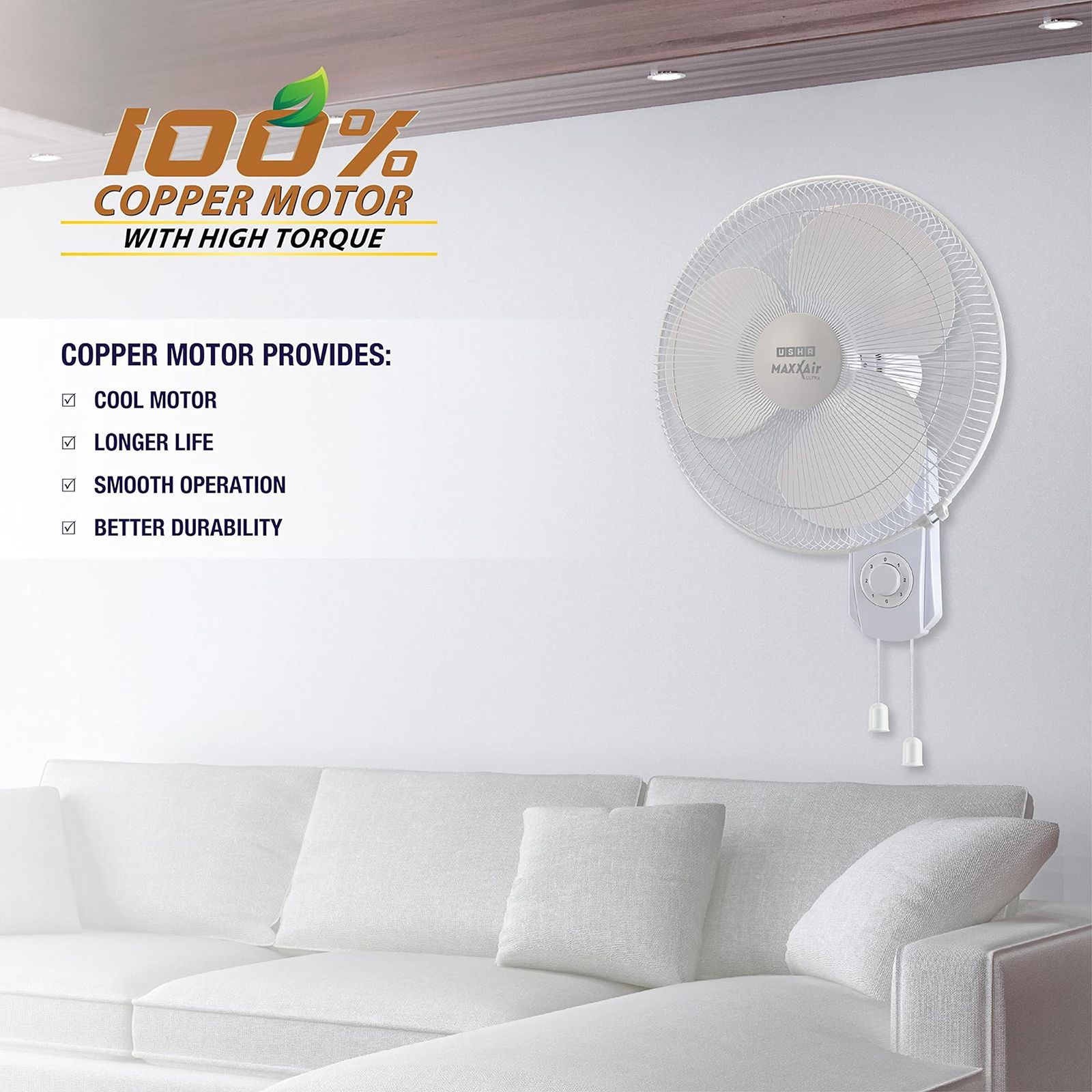 USHA Maxx Air Ultra 400mm 3 Blade Copper Motor Wall Mounted Fan (Thermal Overload Protector, White)_7