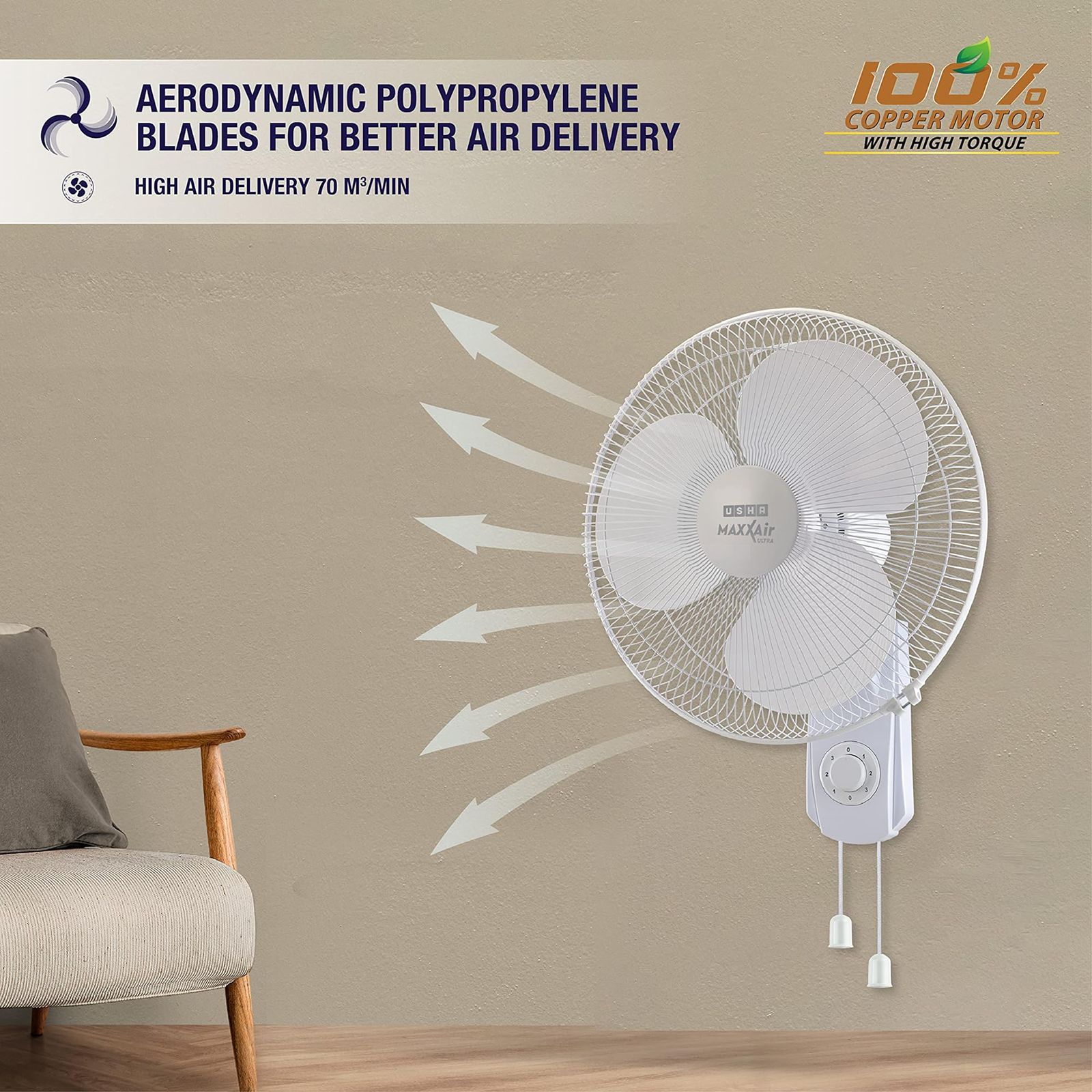 USHA Maxx Air Ultra 400mm 3 Blade Copper Motor Wall Mounted Fan (Thermal Overload Protector, White)_8