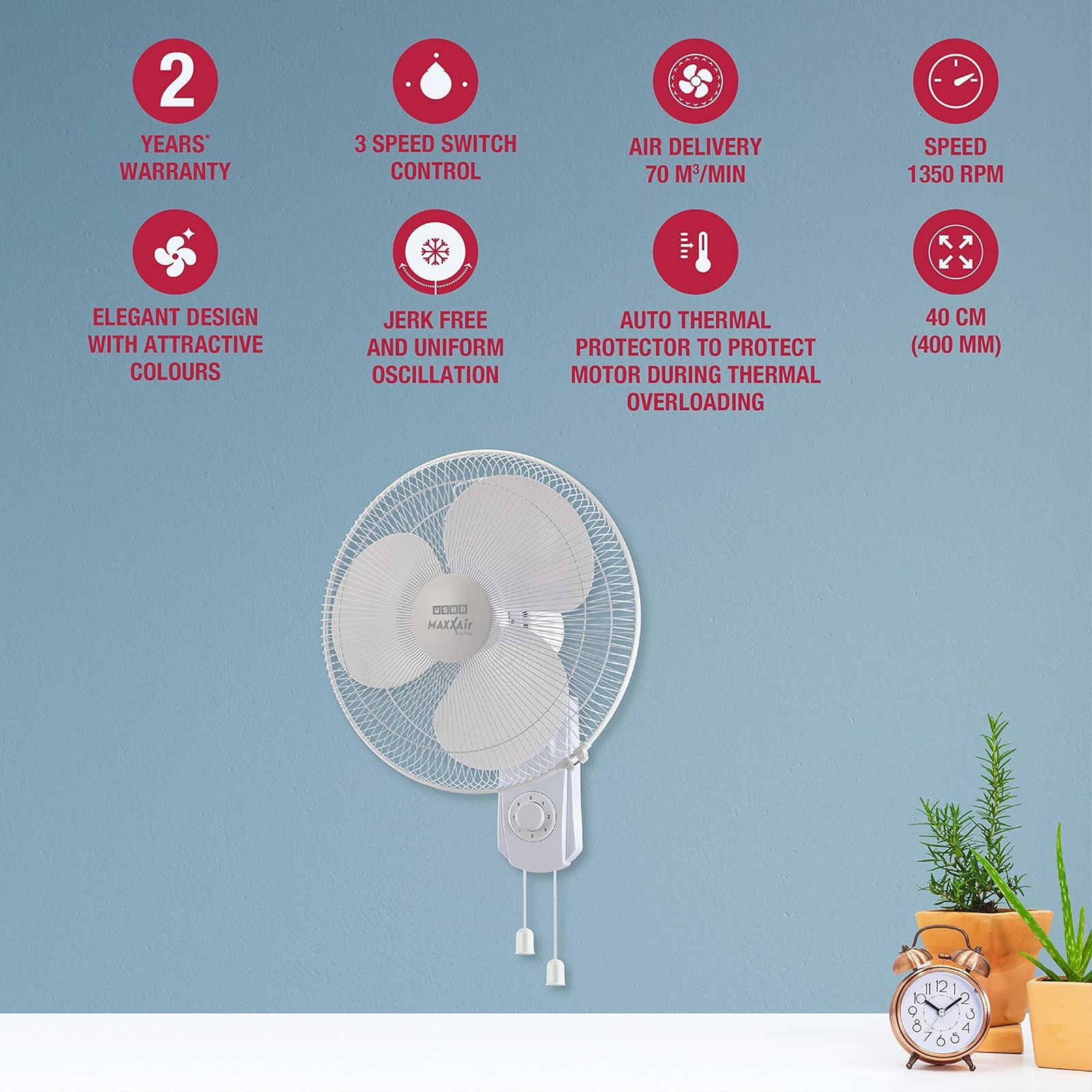 USHA Maxx Air Ultra 400mm 3 Blade Copper Motor Wall Mounted Fan (Thermal Overload Protector, White)_5