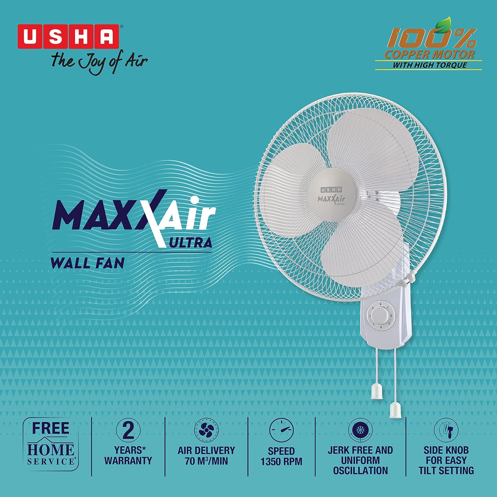 USHA Maxx Air Ultra 400mm 3 Blade Copper Motor Wall Mounted Fan (Thermal Overload Protector, White)_6