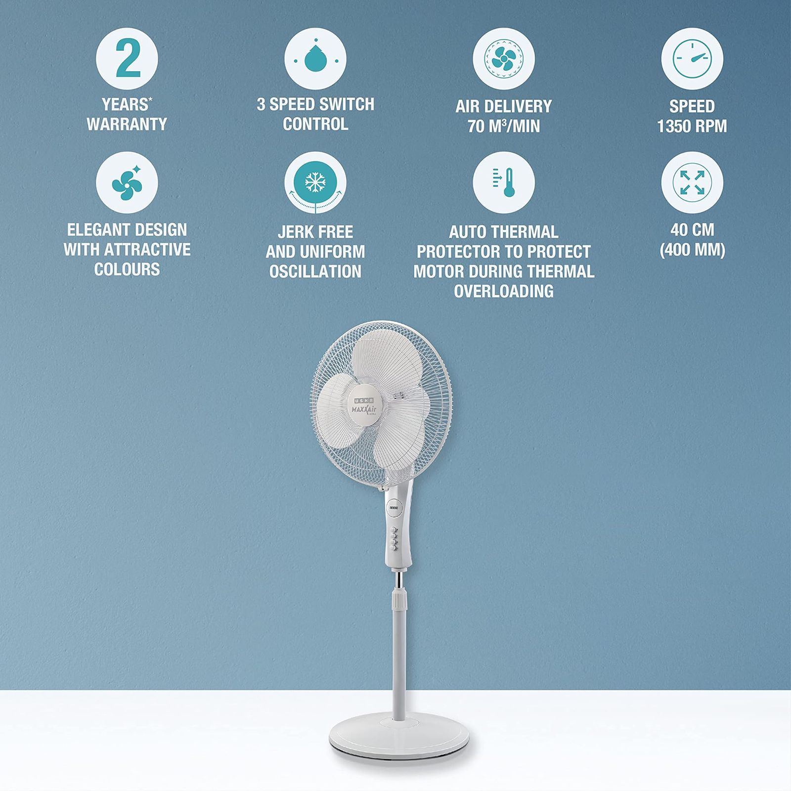 USHA Maxx Air Ultra 400mm 3 Blade Copper Motor Pedestal Fan (Sturdy Blades, White)_5