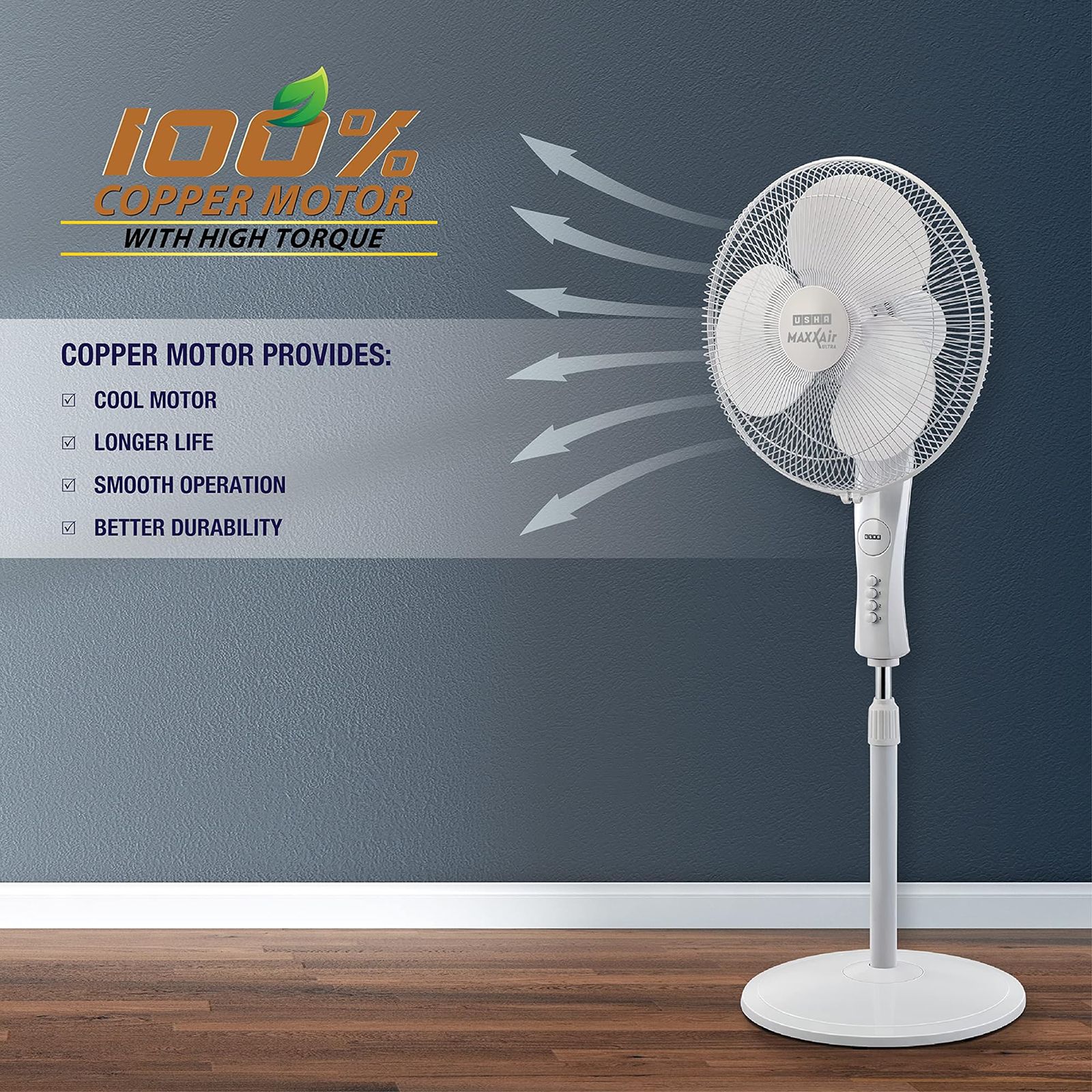 USHA Maxx Air Ultra 400mm 3 Blade Copper Motor Pedestal Fan (Sturdy Blades, White)_4