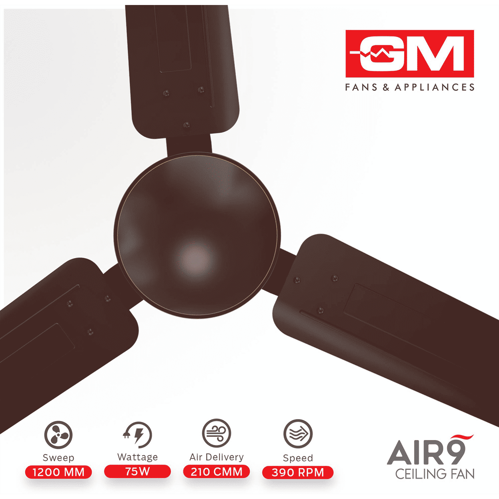 GM AIR9 1 Star 1200mm 3 Blade Anti Dust Ceiling Fan (Inverter Technology, Brown)_5