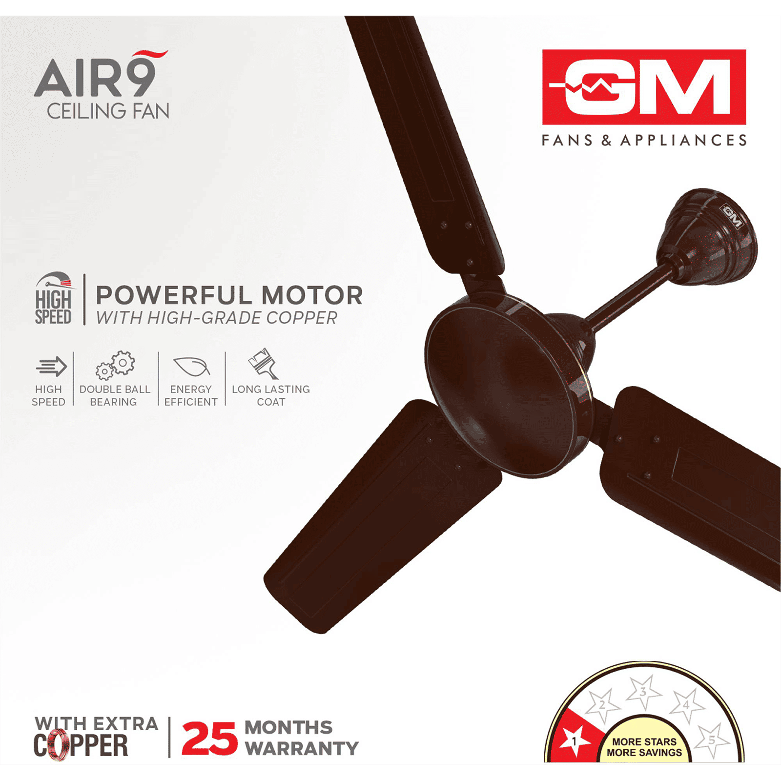 GM AIR9 1 Star 1200mm 3 Blade Anti Dust Ceiling Fan (Inverter Technology, Brown)_6