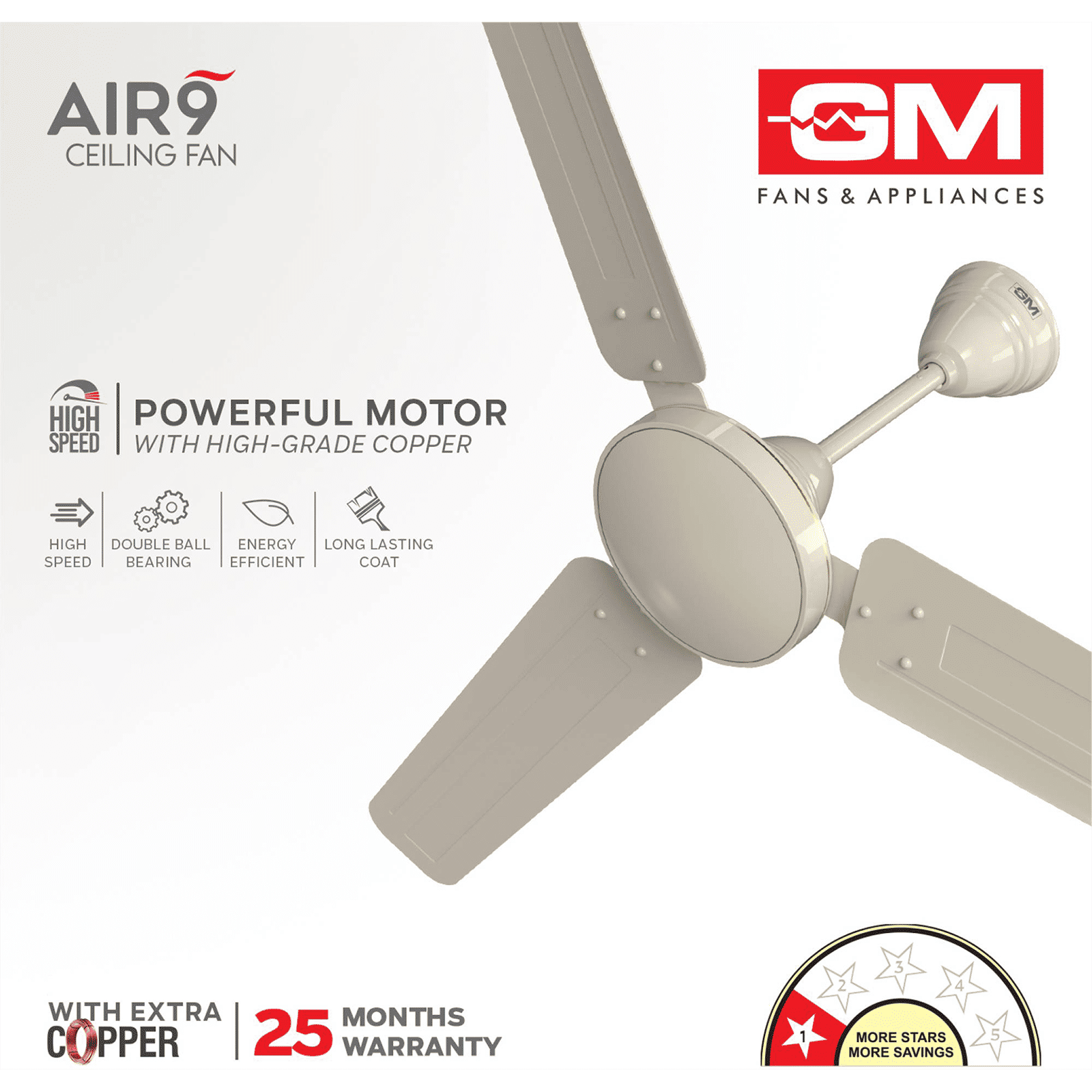 GM AIR9 1 Star 1200mm 3 Blade Inverter Technology Ceiling Fan (Energy Efficient, Ivory)_7