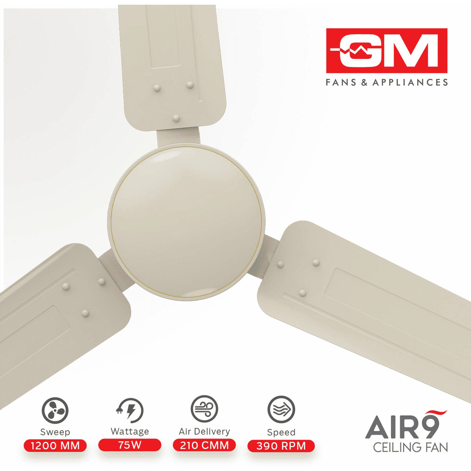 GM AIR9 1 Star 1200mm 3 Blade Inverter Technology Ceiling Fan (Energy Efficient, Ivory)_8