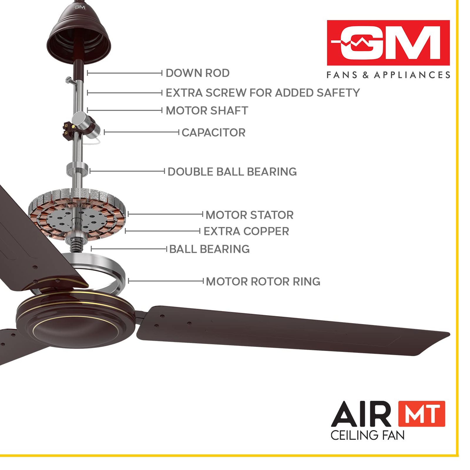 GM Air MT 1 Star 1200mm 3 Blade Copper Motor Ceiling Fan (Inverter Technology, Brown)_8