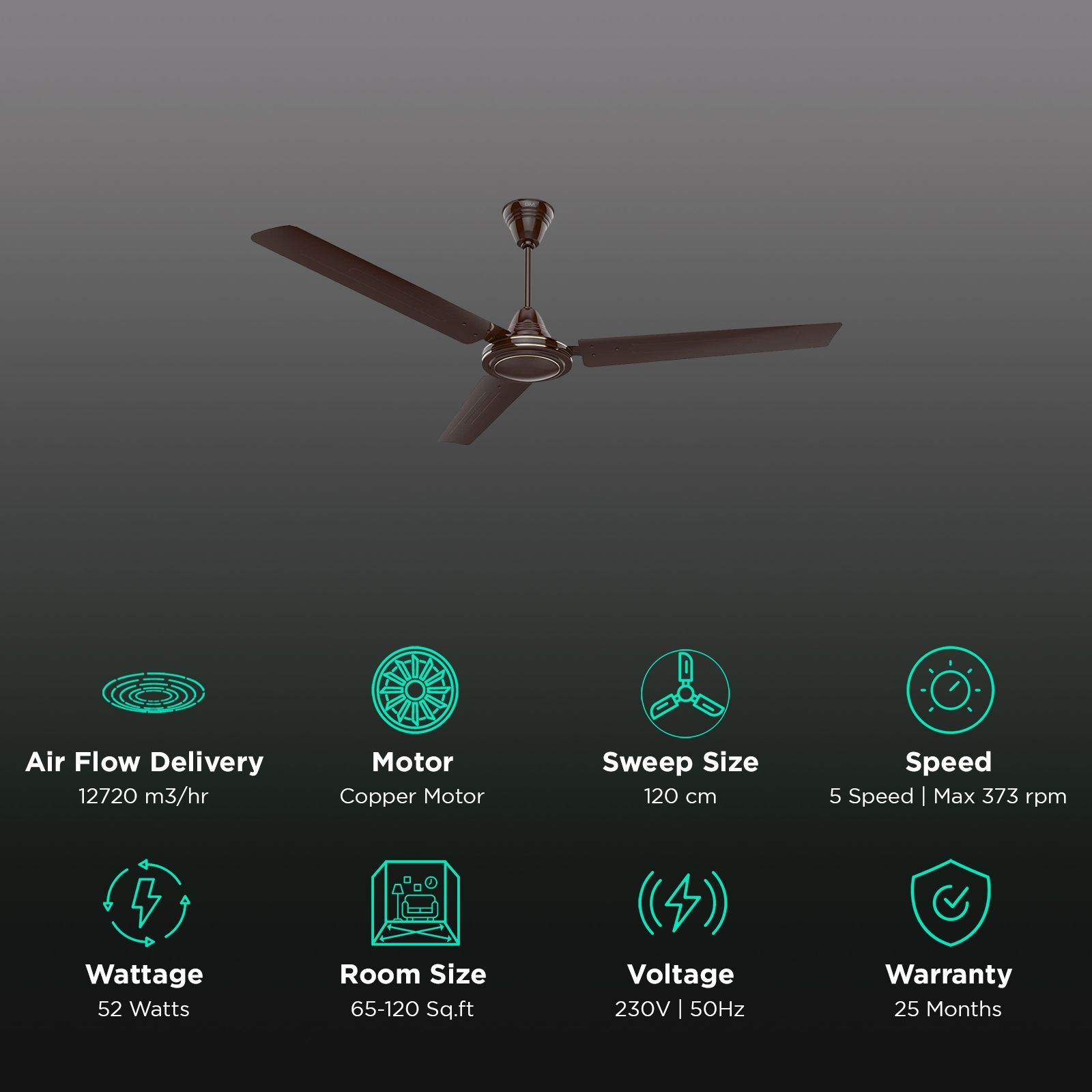 GM Air MT 1 Star 1200mm 3 Blade Copper Motor Ceiling Fan (Inverter Technology, Brown)_3