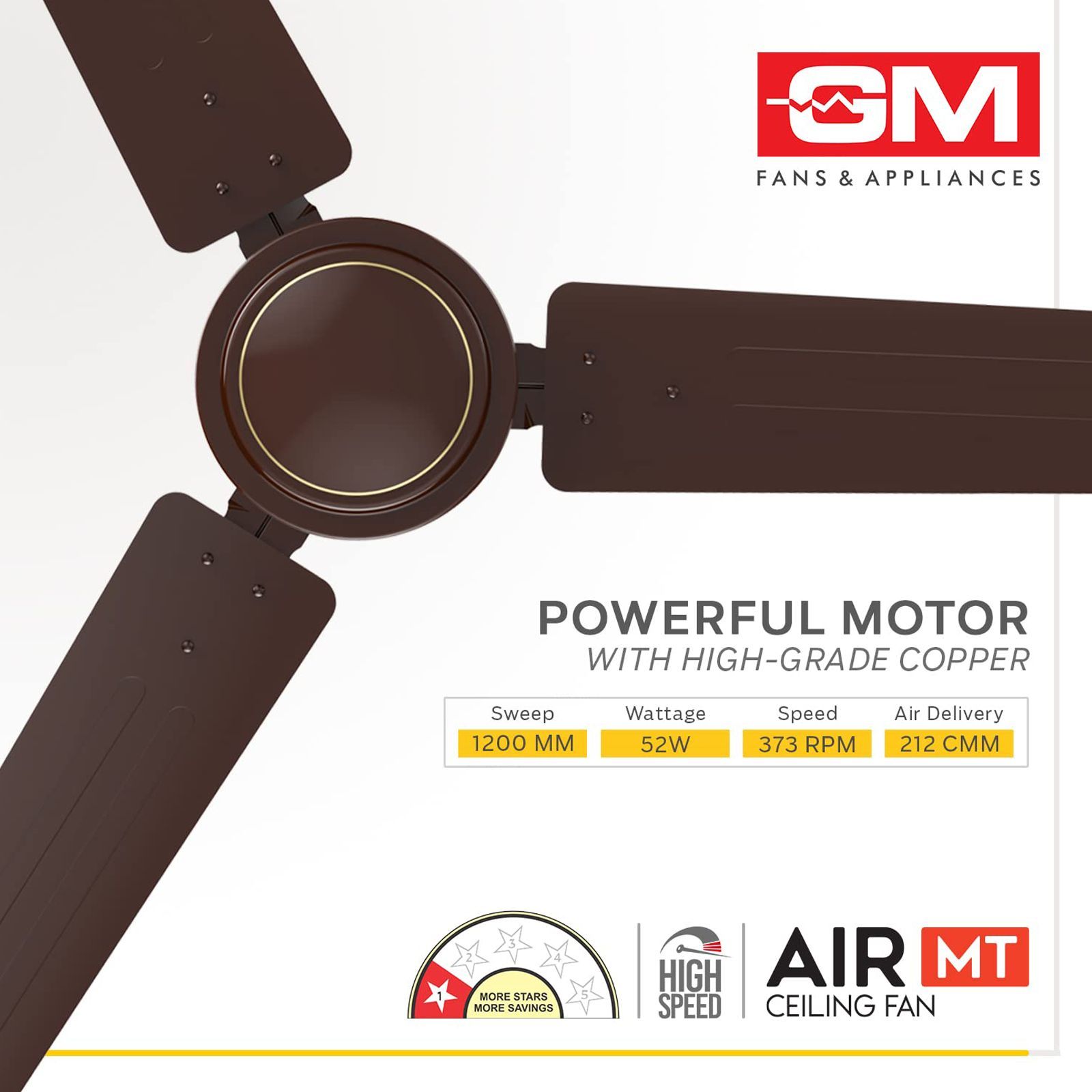 GM Air MT 1 Star 1200mm 3 Blade Copper Motor Ceiling Fan (Inverter Technology, Brown)_5