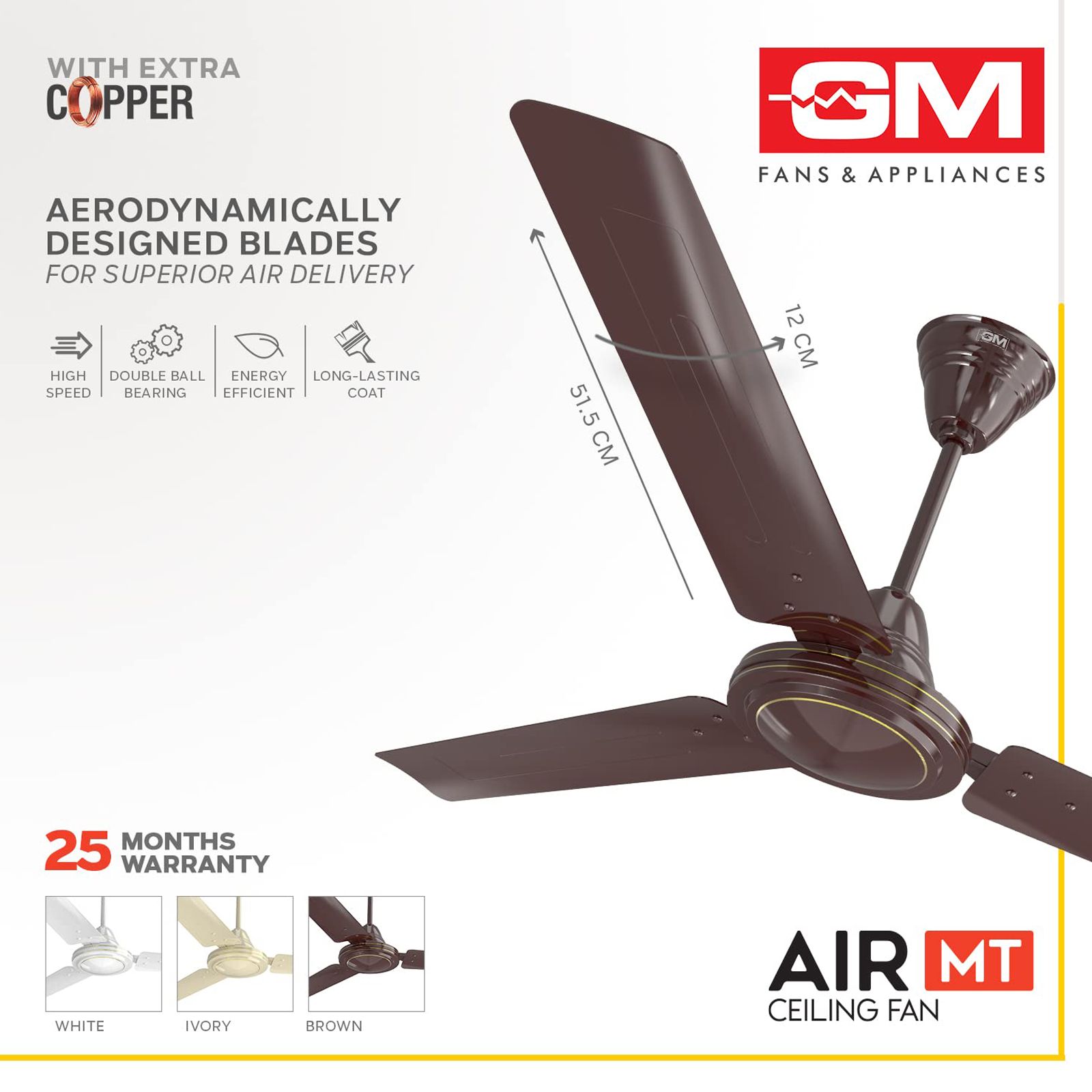 GM Air MT 1 Star 1200mm 3 Blade Copper Motor Ceiling Fan (Inverter Technology, Brown)_6