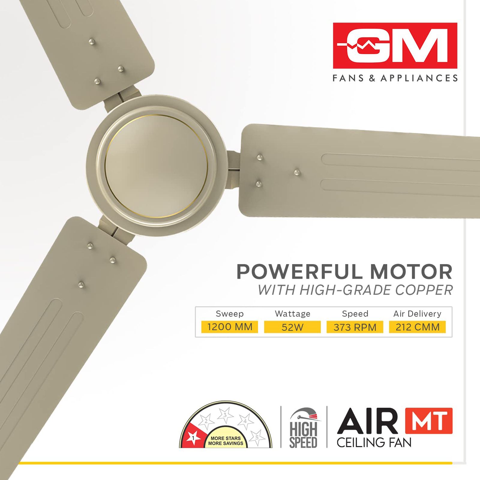 GM Air MT 1 Star 1200mm 3 Blade Silent Operation Ceiling Fan (Inverter Technology, Ivory)_7