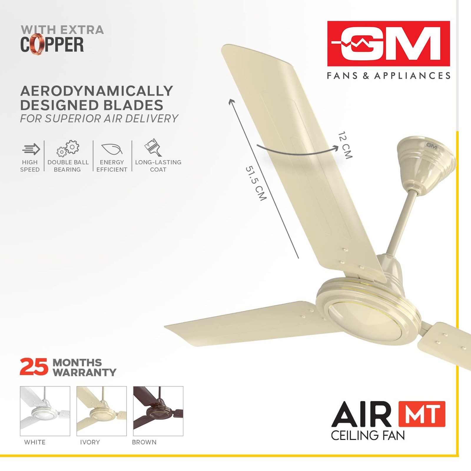GM Air MT 1 Star 1200mm 3 Blade Silent Operation Ceiling Fan (Inverter Technology, Ivory)_8
