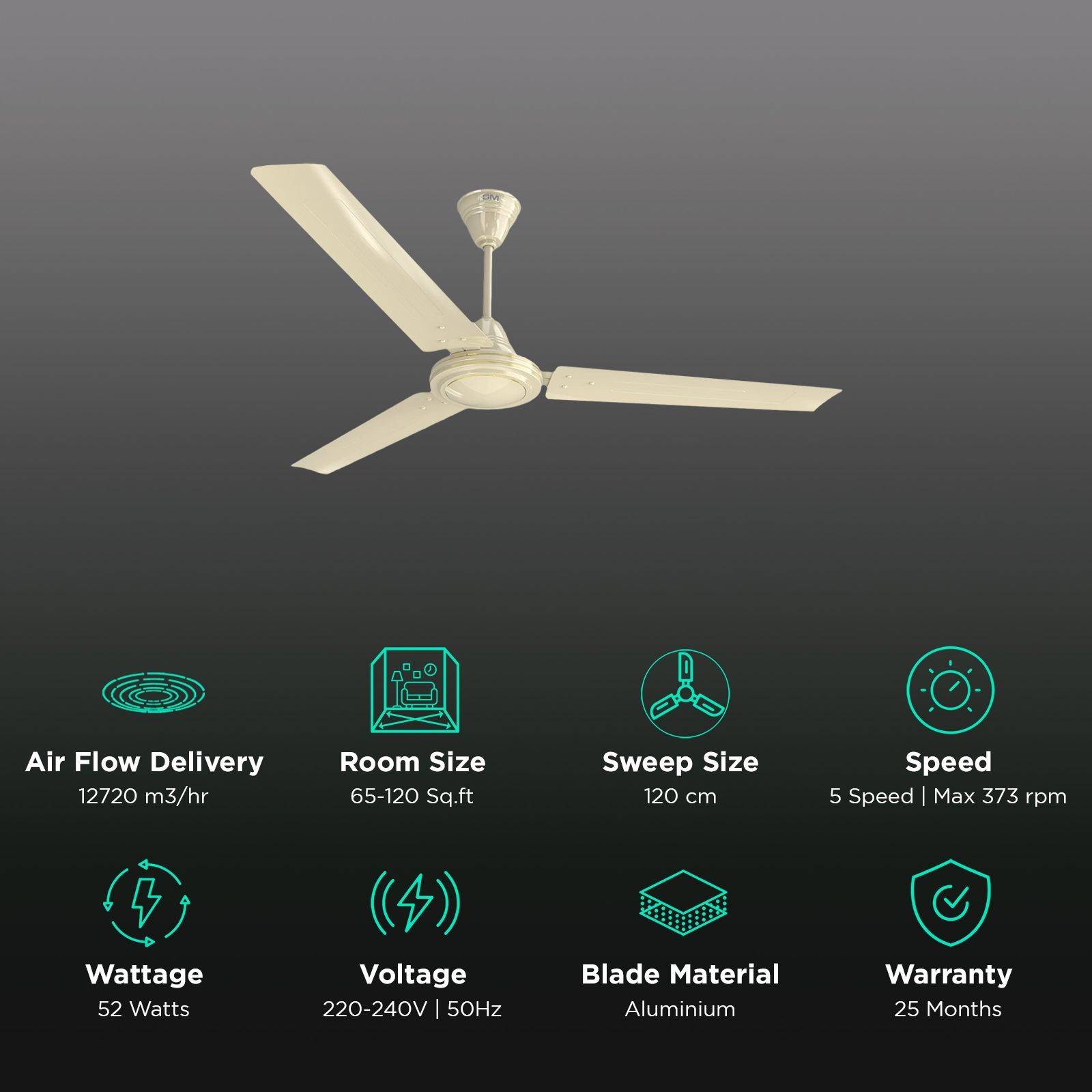 GM Air MT 1 Star 1200mm 3 Blade Silent Operation Ceiling Fan (Inverter Technology, Ivory)_3