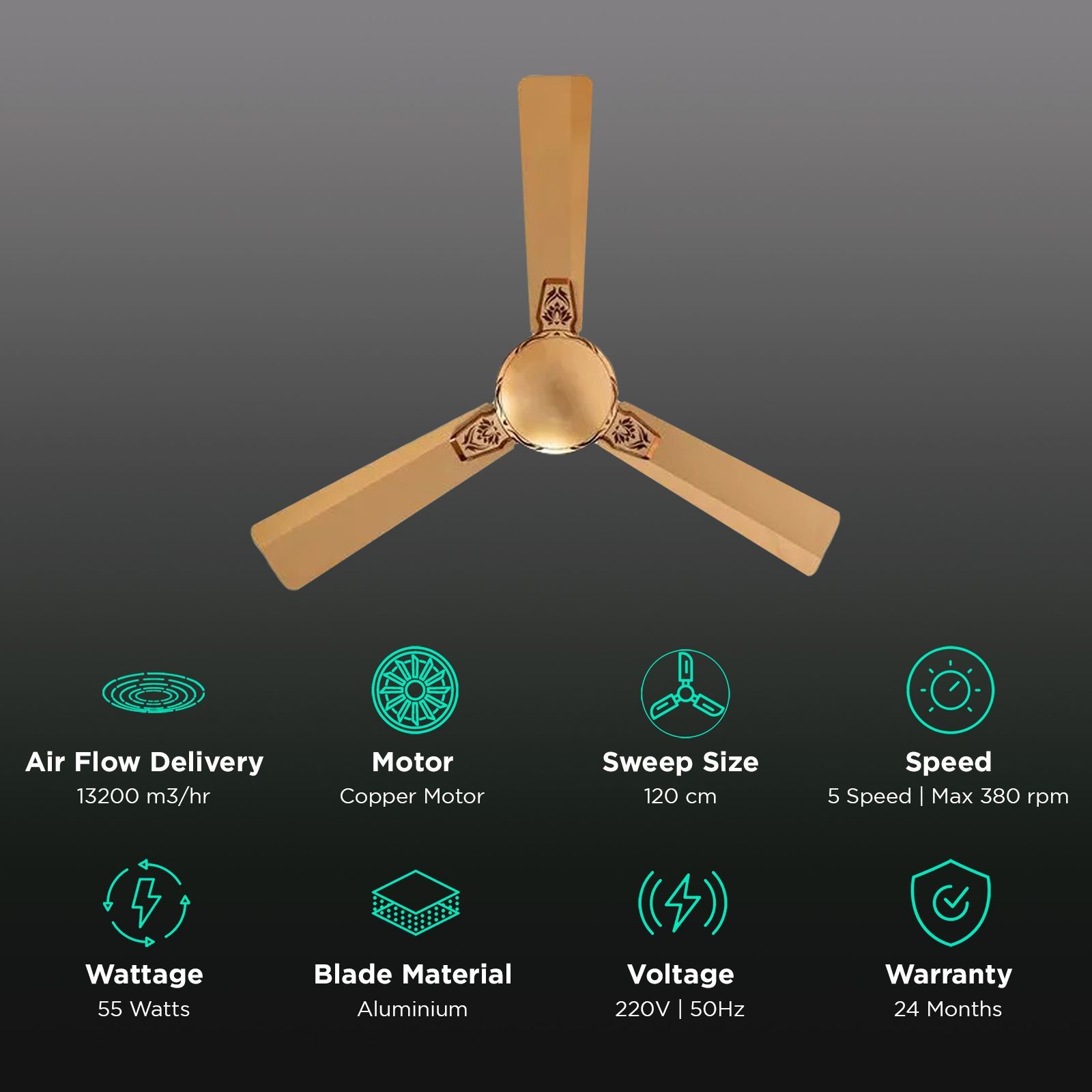 Crompton Premion Aura 2 Designer 1 Star 1200mm 3 Blade Copper Motor Ceiling Fan (Adjustable Height, Birken Effect)_3