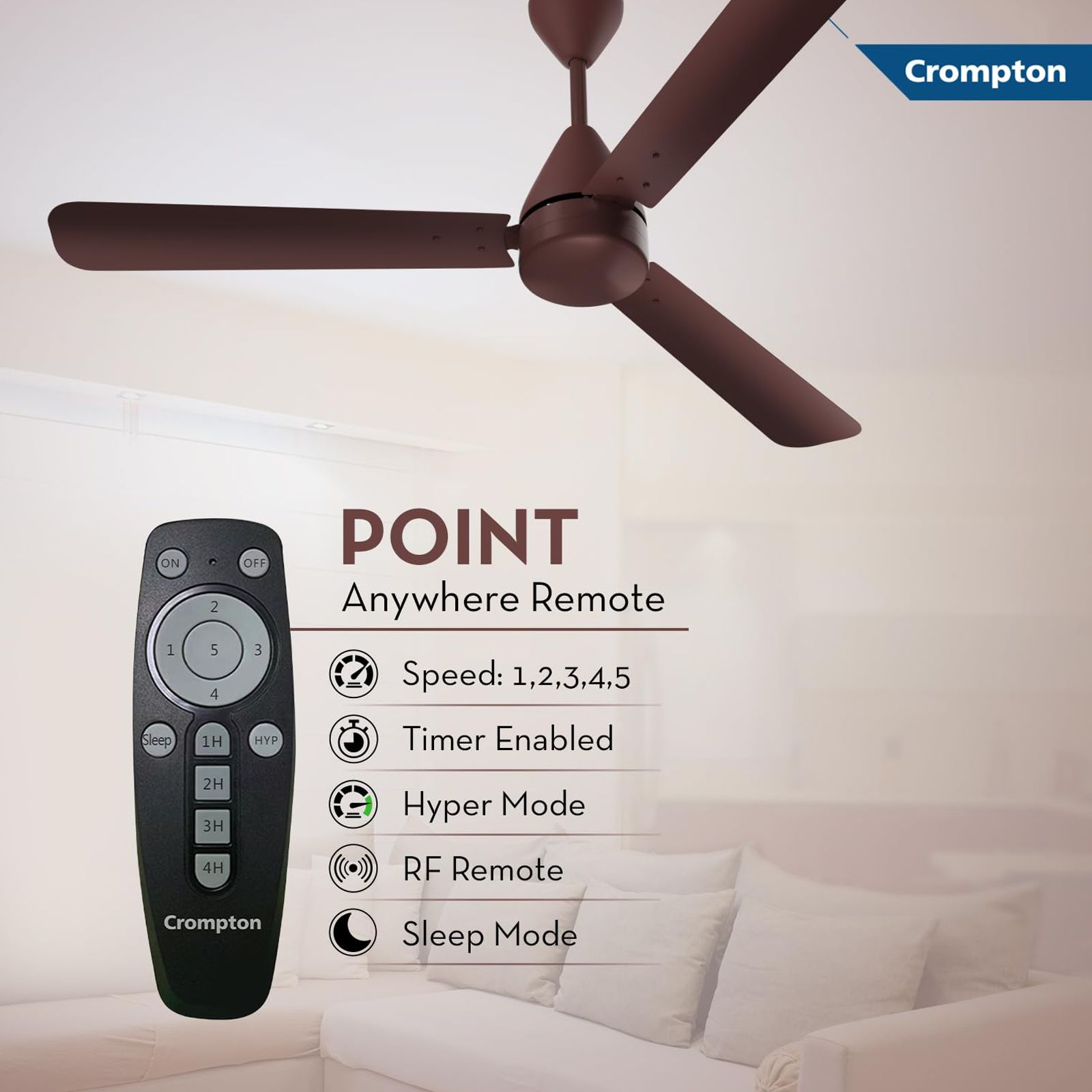 Crompton Energion Hyperjet 5 Star 1200mm 3 Blade BLDC Motor Ceiling Fan with Remote (Anti rust, Brown)_8