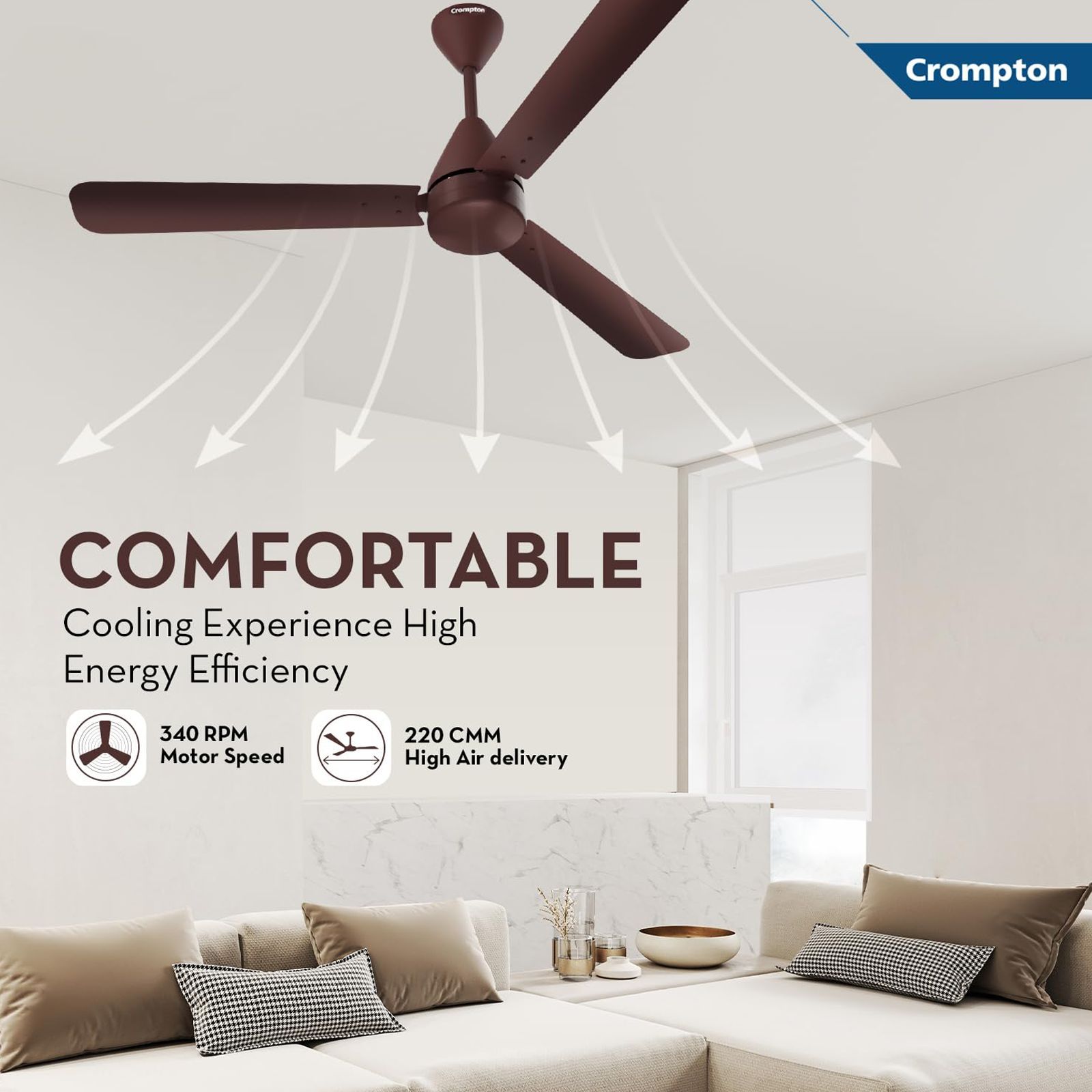 Crompton Energion Hyperjet 5 Star 1200mm 3 Blade BLDC Motor Ceiling Fan with Remote (Anti rust, Brown)_6