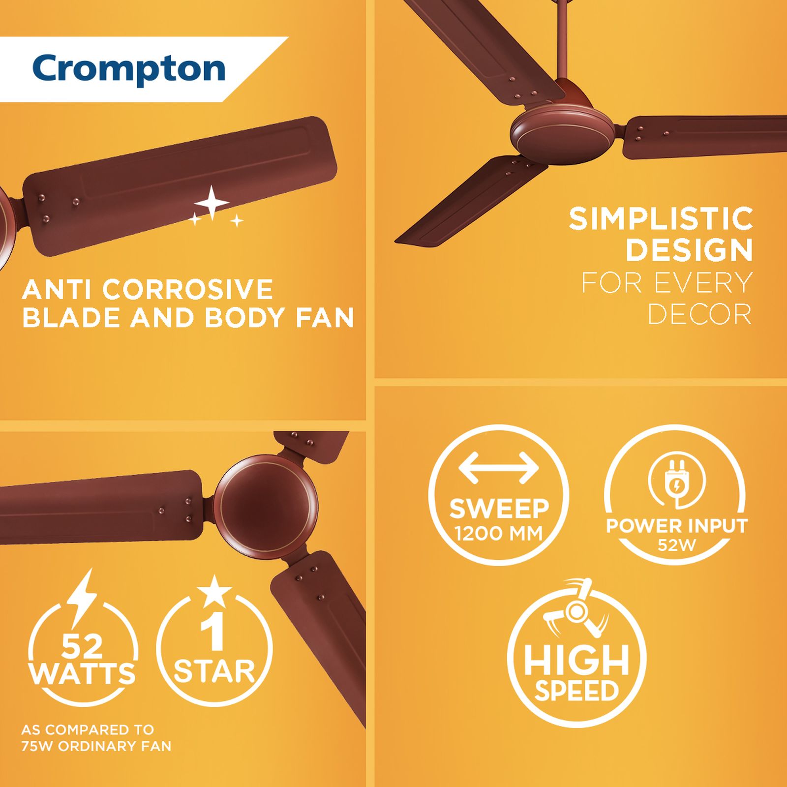 Crompton Highspeed HS 1 Star 1200mm 3 Blade Copper Motor Ceiling Fan (Anti Rust, Lustre Brown) Crompton Highspeed HS 1 Star 1200mm 3 Blade Copper Motor Ceiling Fan (Anti Rust, Lustre Brown)_7