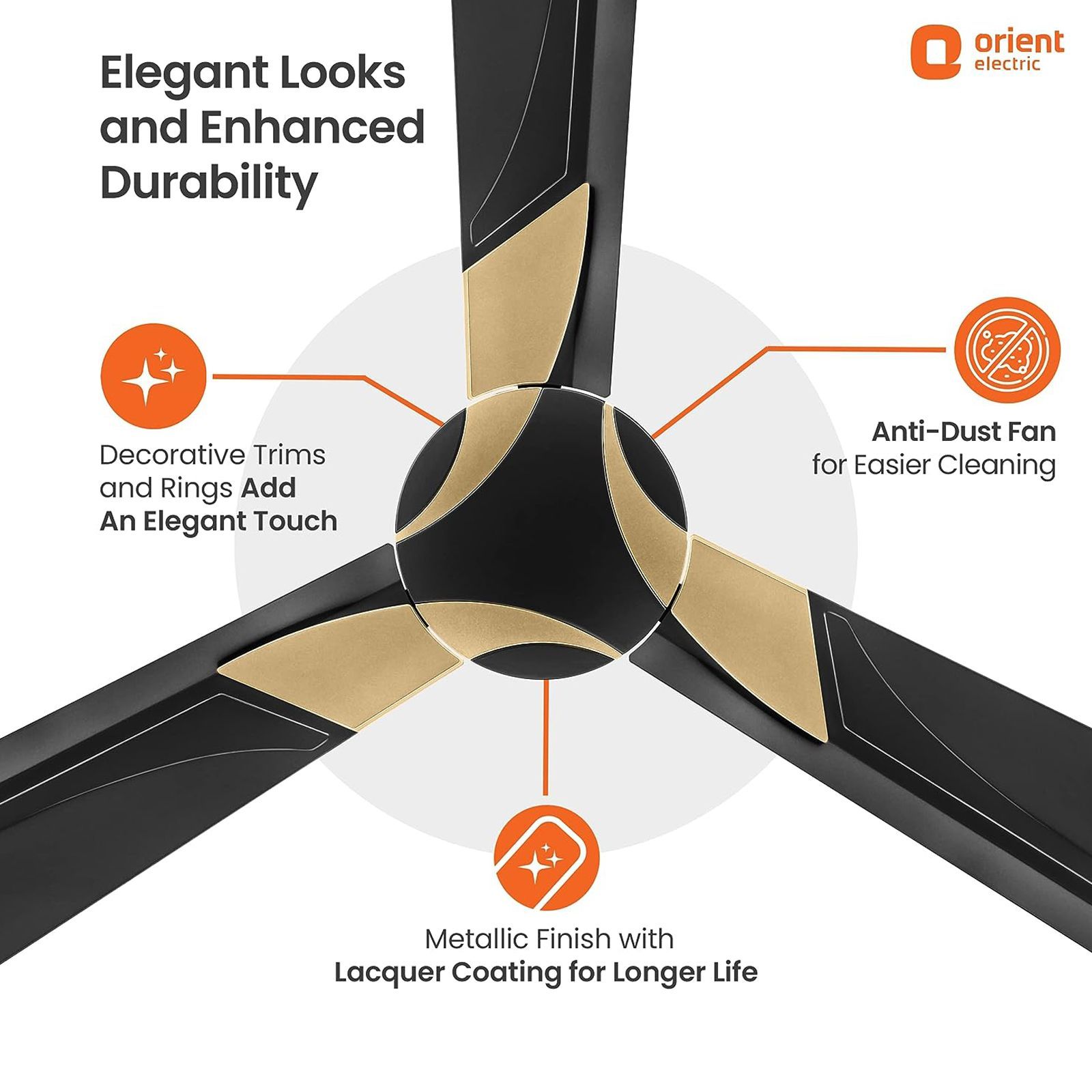 Orient Wendy 5 Star 1200mm 3 Blade High Speed Ceiling Fan (Rust Resistant, Black & Gold)_8