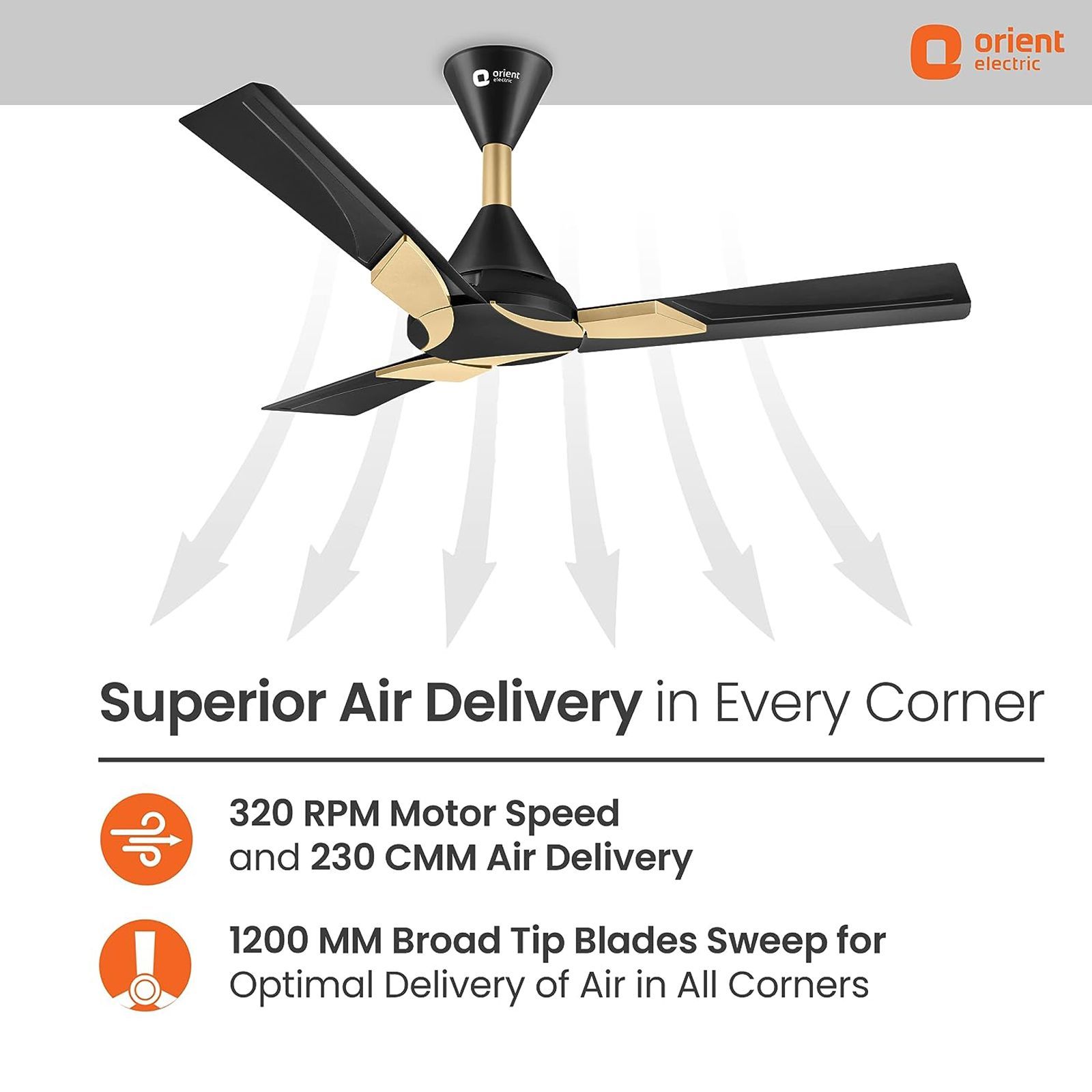 Orient Wendy 5 Star 1200mm 3 Blade High Speed Ceiling Fan (Rust Resistant, Black & Gold)_10