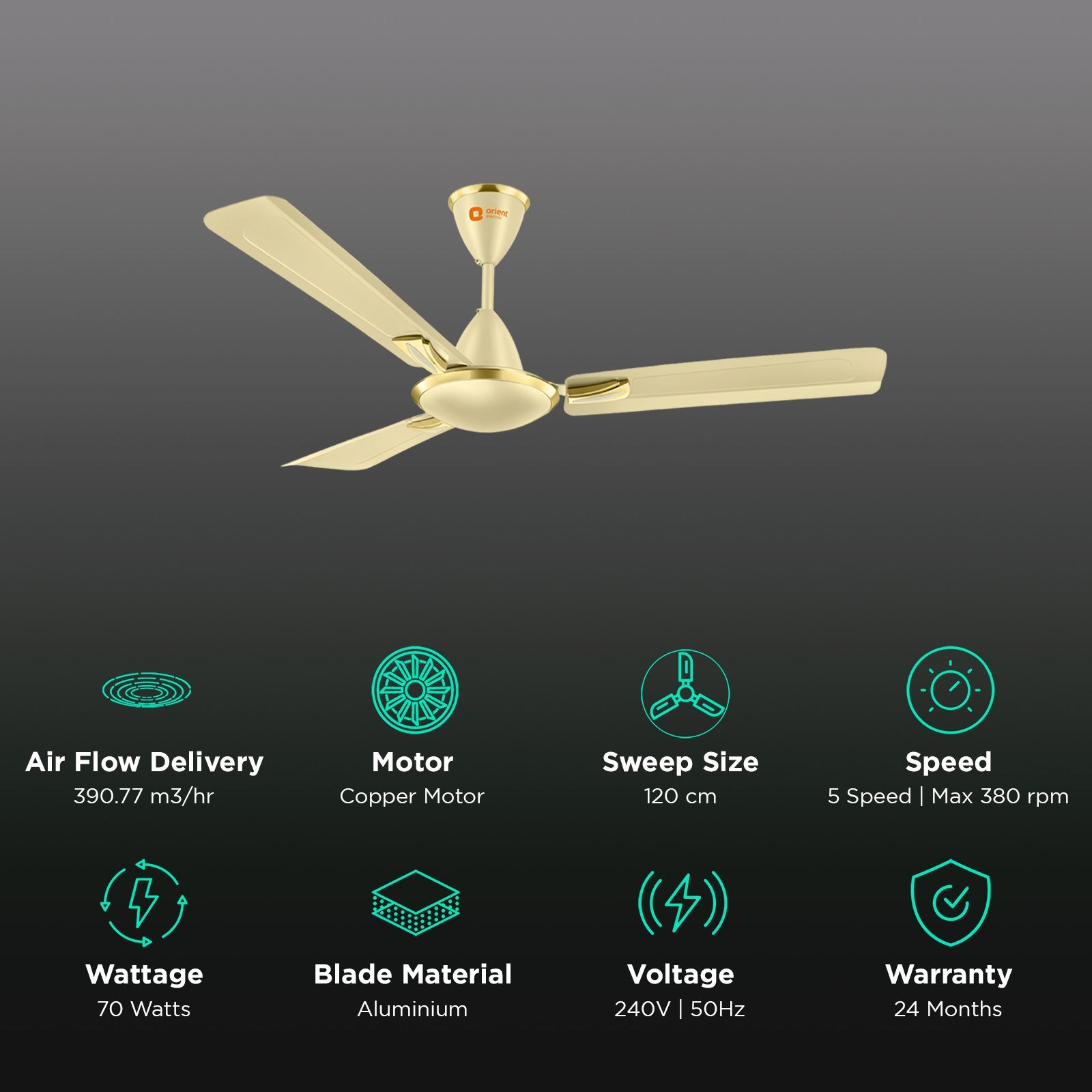 Orient Gratia 1 Star 1200mm 3 Blade High Performance Ceiling Fan (Double Ball Bearing, Metalic Ivory) Orient Gratia 1 Star 1200mm 3 Blade High Performance Ceiling Fan (Double Ball Bearing, Metalic Ivory)_3