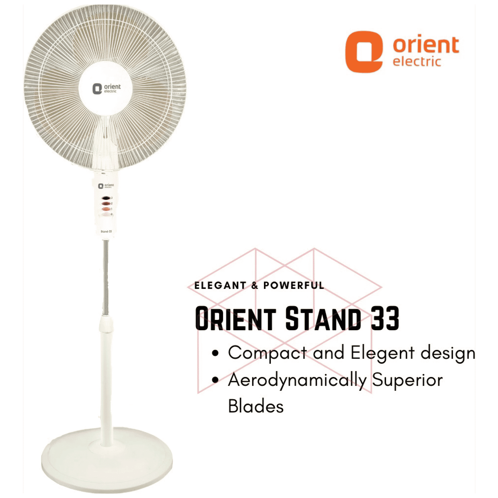 Orient Stand 33 400mm 3 Blade Adjustable Height Pedestal Fan with Remote (Aerodynamically Designed, White)_5