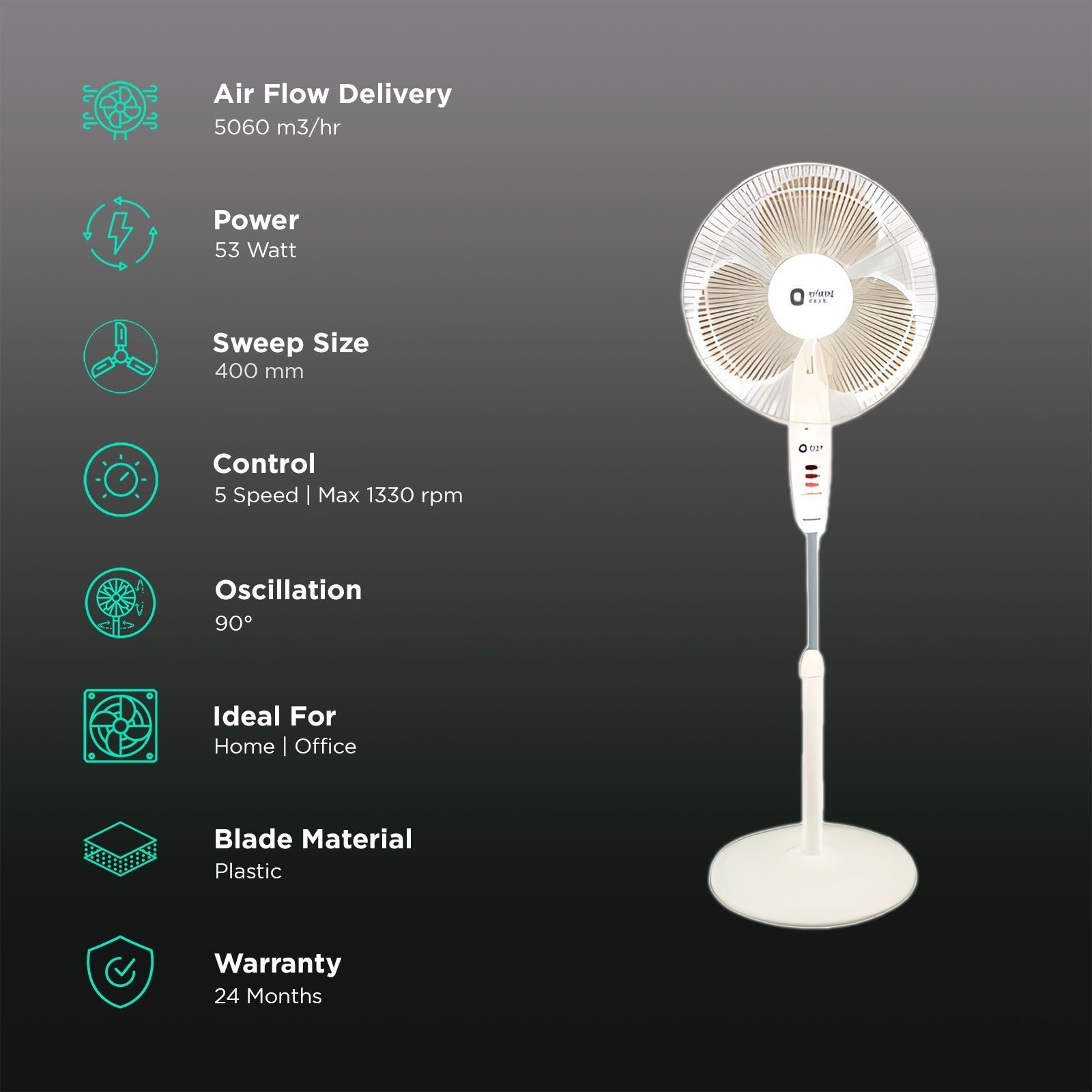 Orient Stand 33 400mm 3 Blade Adjustable Height Pedestal Fan with Remote (Aerodynamically Designed, White)_2