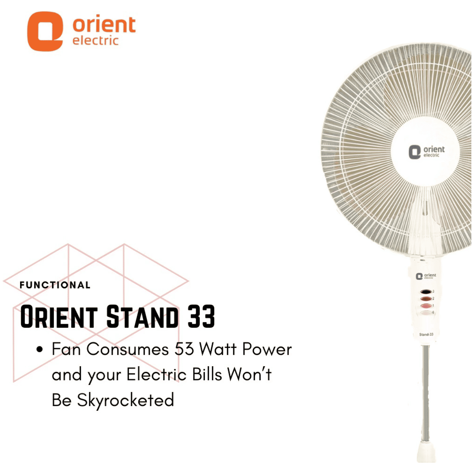 Orient Stand 33 400mm 3 Blade Adjustable Height Pedestal Fan with Remote (Aerodynamically Designed, White)_3