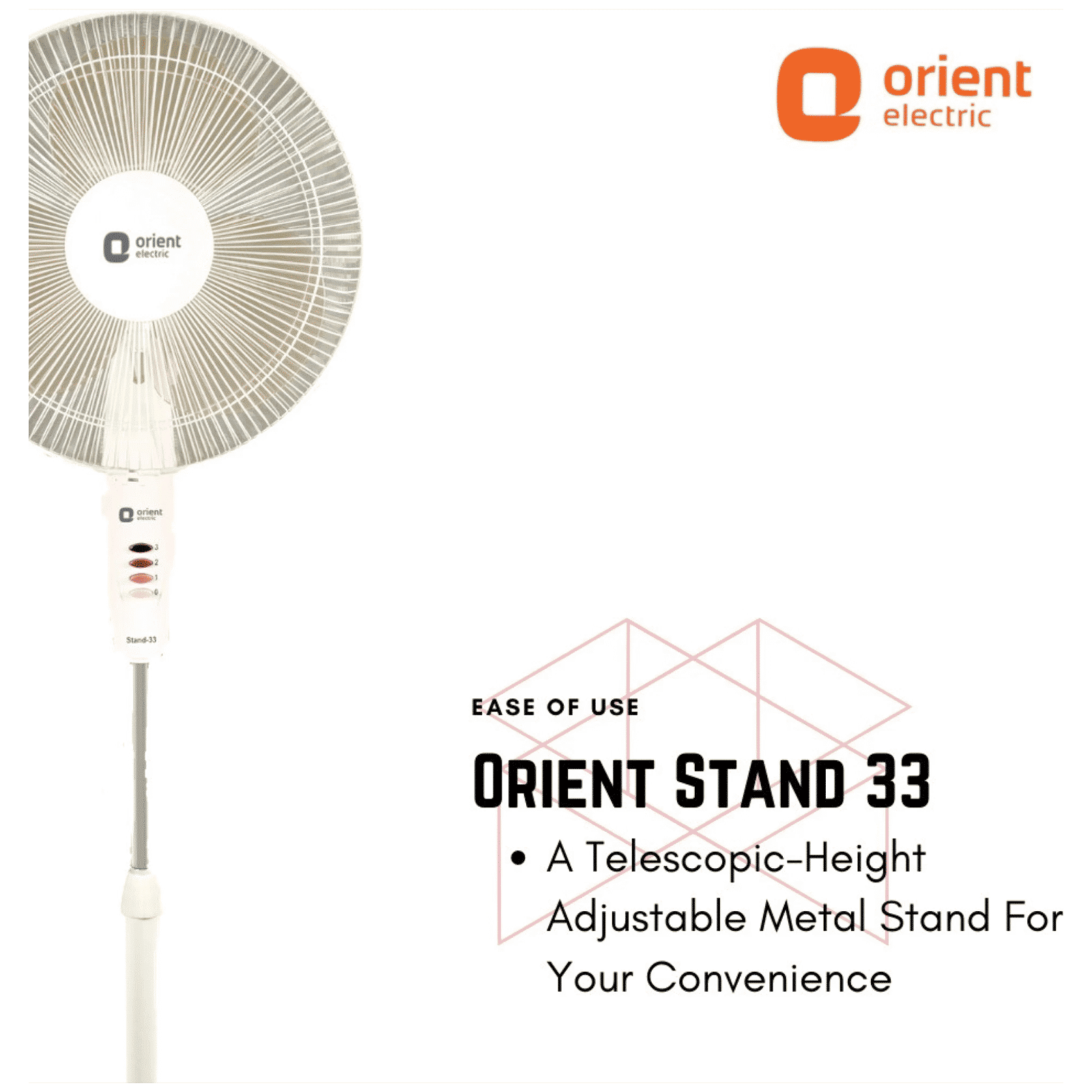 Orient Stand 33 400mm 3 Blade Adjustable Height Pedestal Fan with Remote (Aerodynamically Designed, White)_4