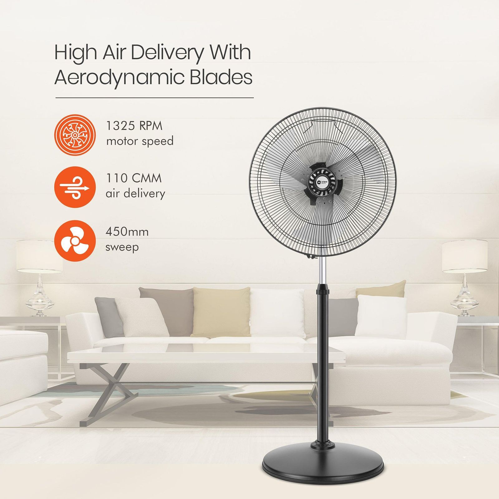 Orient Tornado II 450mm 3 Blade High Speed Pedestal Fan (Inverter Technology, Black)_3