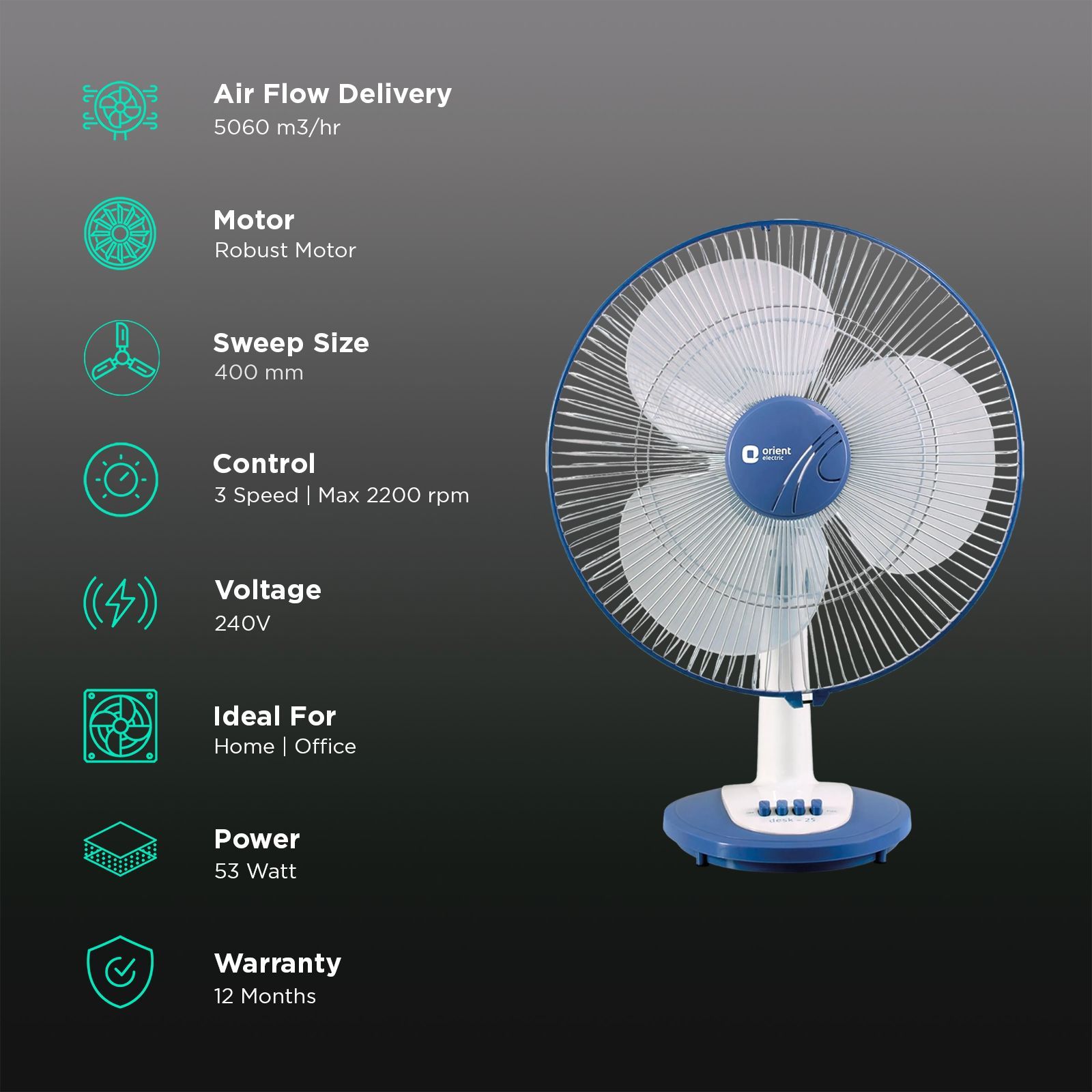 Orient Desk 25 400mm 3 Blade Thermal Overload Protection Table Fan (Silent Operation, White)_2
