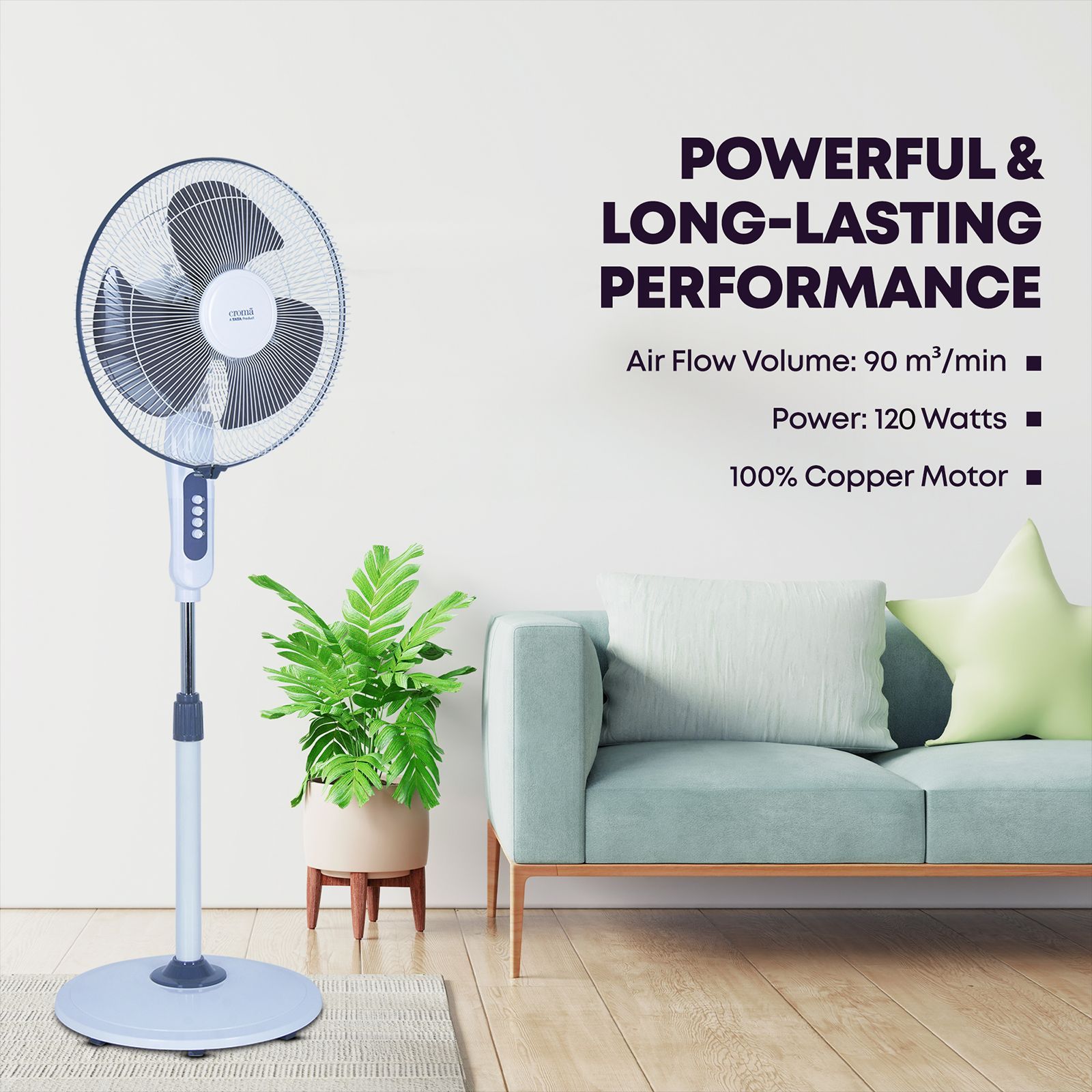Croma 385mm 3 Blade Silent Operation Pedestal Fan (Powerful & Durable, Grey)_12