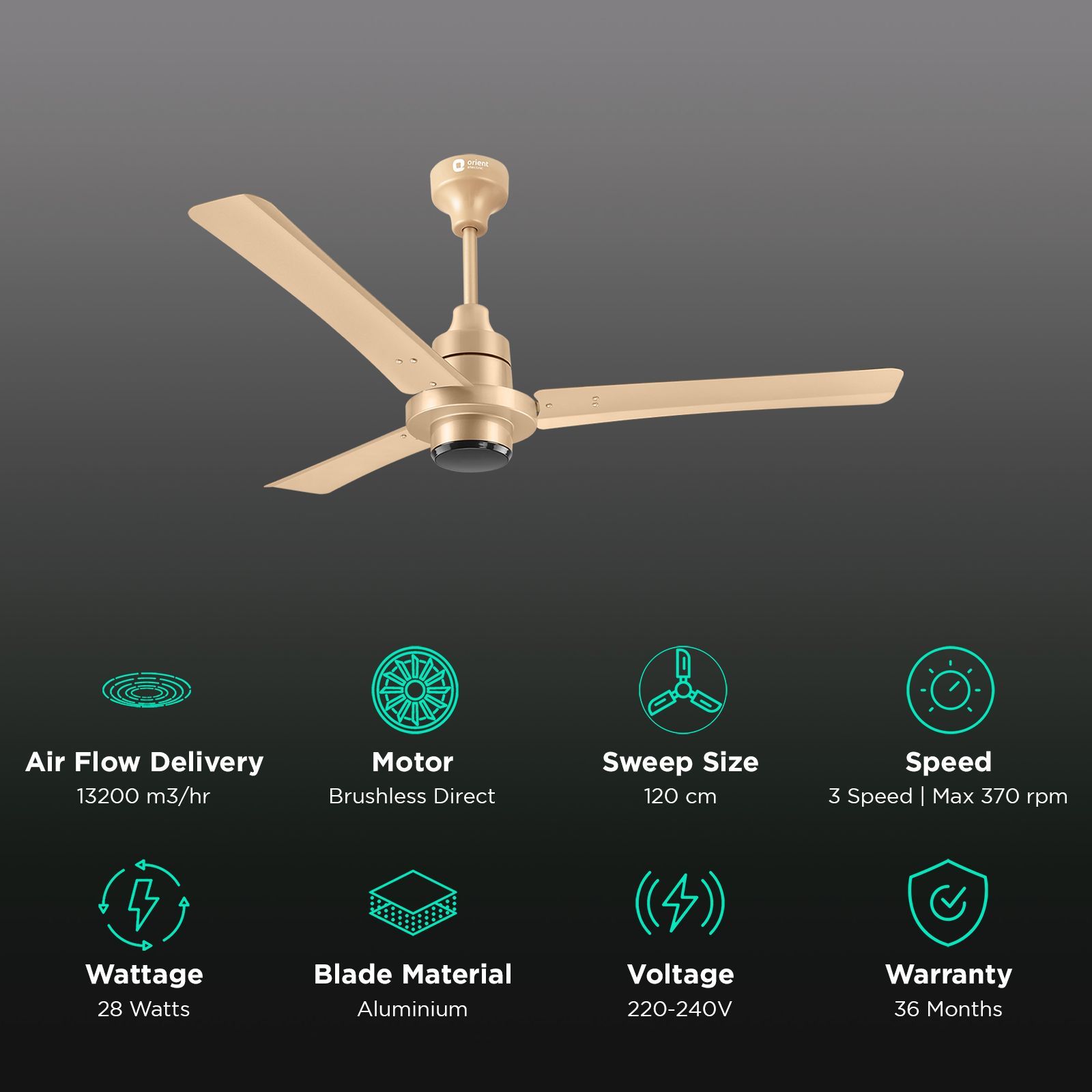 Orient Ecotech Supreme 5 Star 1200mm 3 Blade BLDC Motor Ceiling Fan with Remote (Low Noise Operation, Topaz Gold)_3