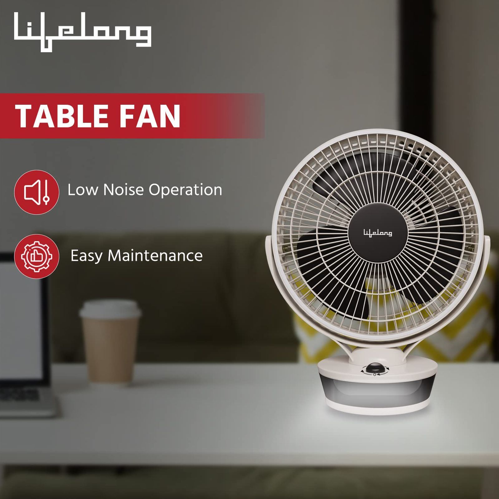 Lifelong 300mm 3 Blade LED Indicator Table Fan (High Speed, White)_4