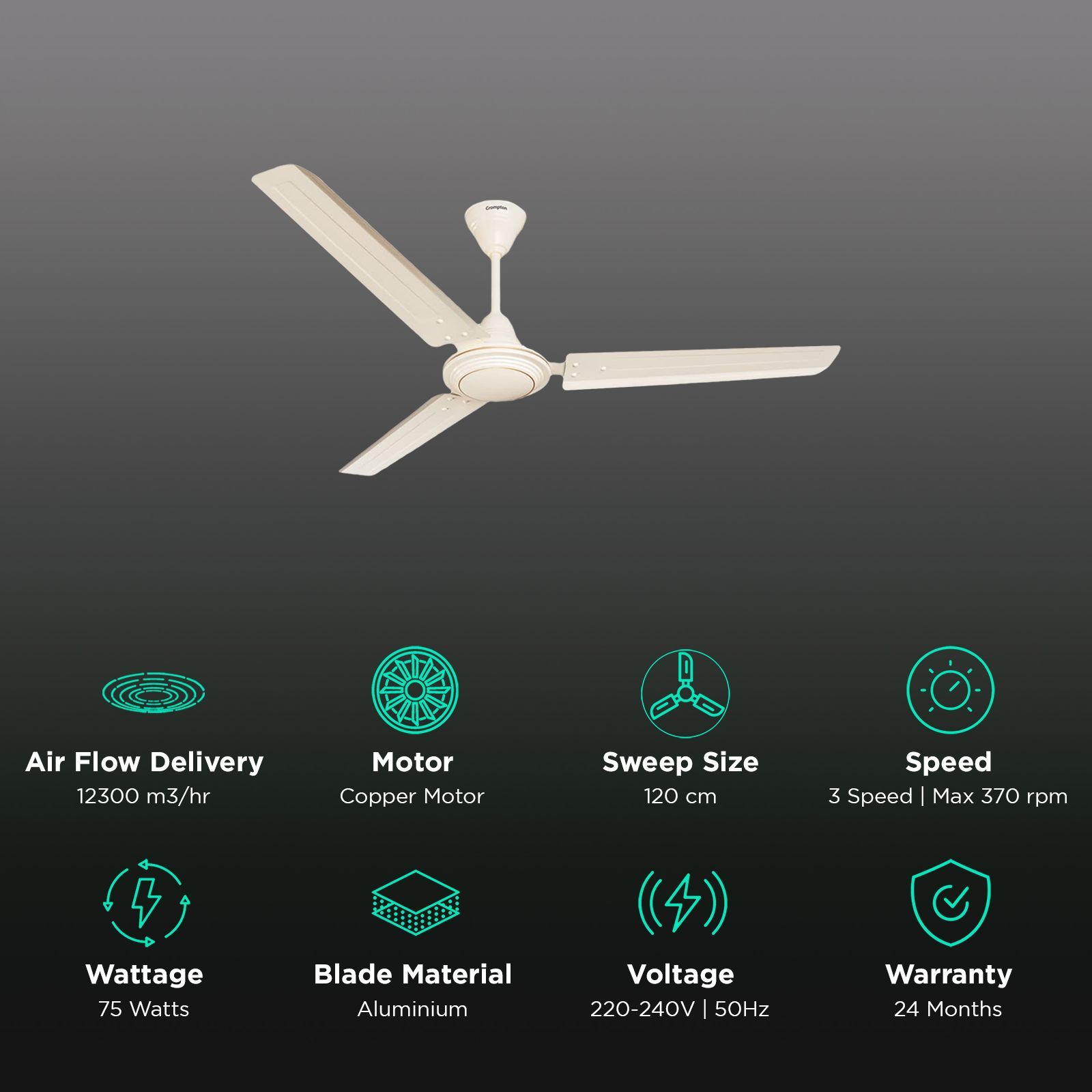 Crompton Surebreeze Hill Briz 1 Star 1200mm 3 Blade Copper Motor Ceiling Fan (High Velocity, Ivory) Crompton Surebreeze Hill Briz 1 Star 1200mm 3 Blade Copper Motor Ceiling Fan (High Velocity, Ivory)_3