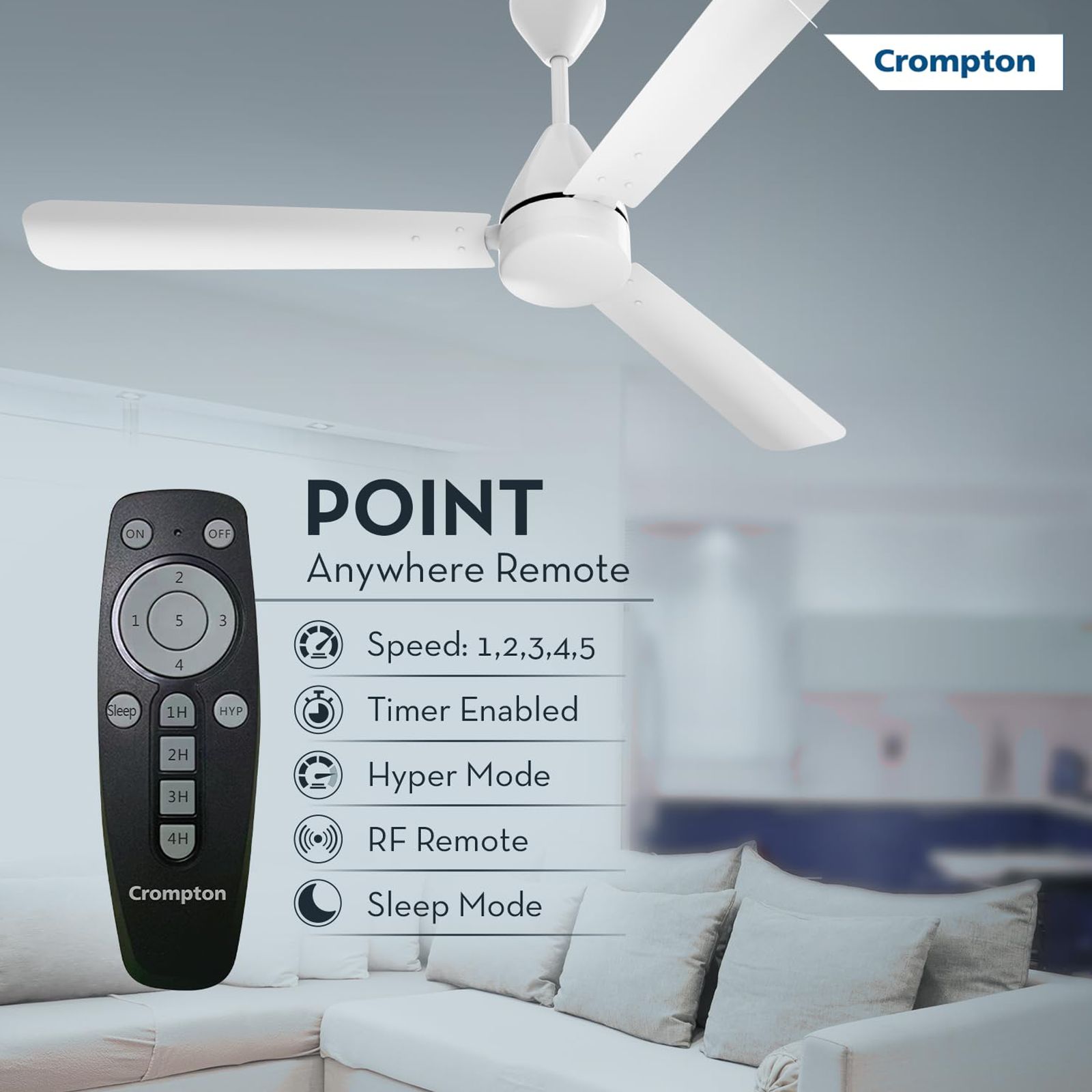 Crompton Energion Hyperjet 5 Star 1200mm 3 Blade BLDC Motor Ceiling Fan with Remote (Hyper Mode, Opal White)_12