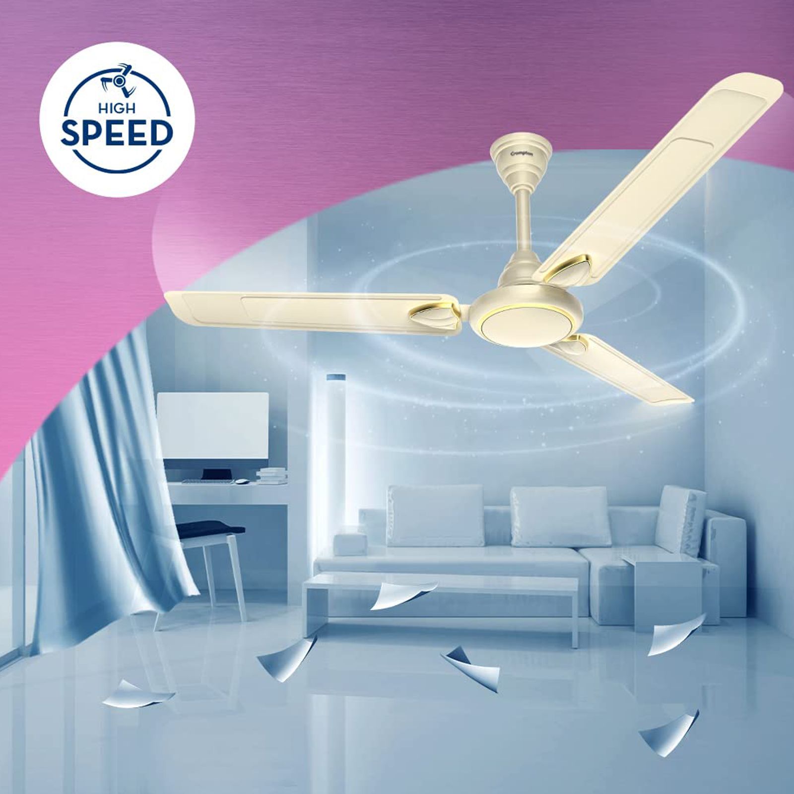 Crompton Surebreeze Hillbriz Deco 1 Star 1200mm 3 Blade High Velocity Ceiling Fan (Inverter Technology, Ivory Gold)_6