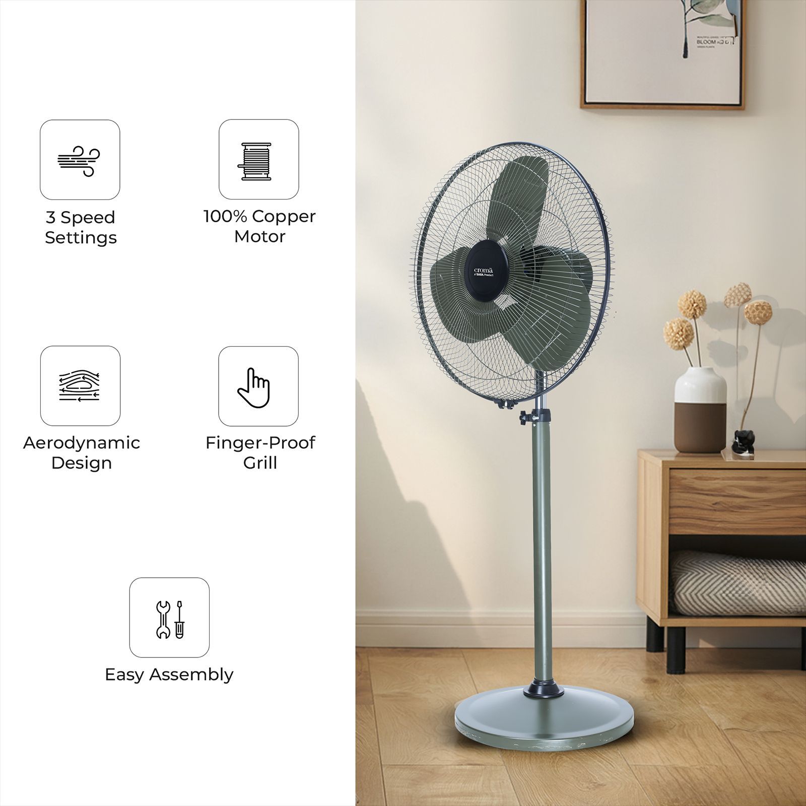 Croma AF3705 500mm 3 Blade Silent Operation Pedestal Fan (Adjustable Setting, Military Green) Croma AF3705 500mm 3 Blade Silent Operation Pedestal Fan (Adjustable Setting, Military Green)_11