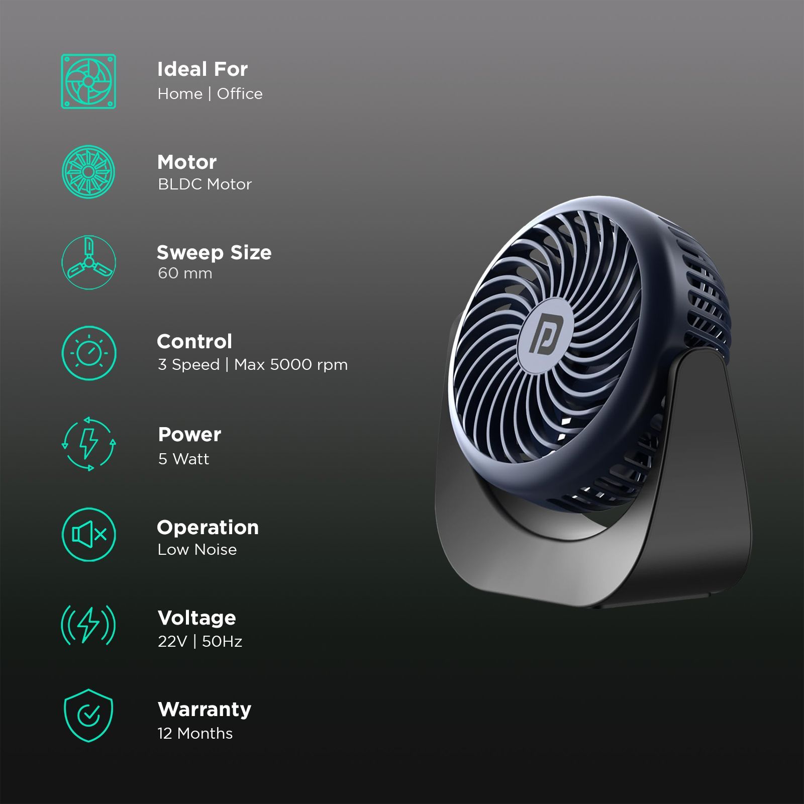 PORTRONICS Toofan 60mm 3 Blade BLDC Motor Mini Rechargeable Fan with 2000 mAh Battery (Low Noise Desk Fan, Blue) PORTRONICS Toofan 60mm 3 Blade BLDC Motor Mini Rechargeable Fan with 2000 mAh Battery (Low Noise Desk Fan, Blue)_3