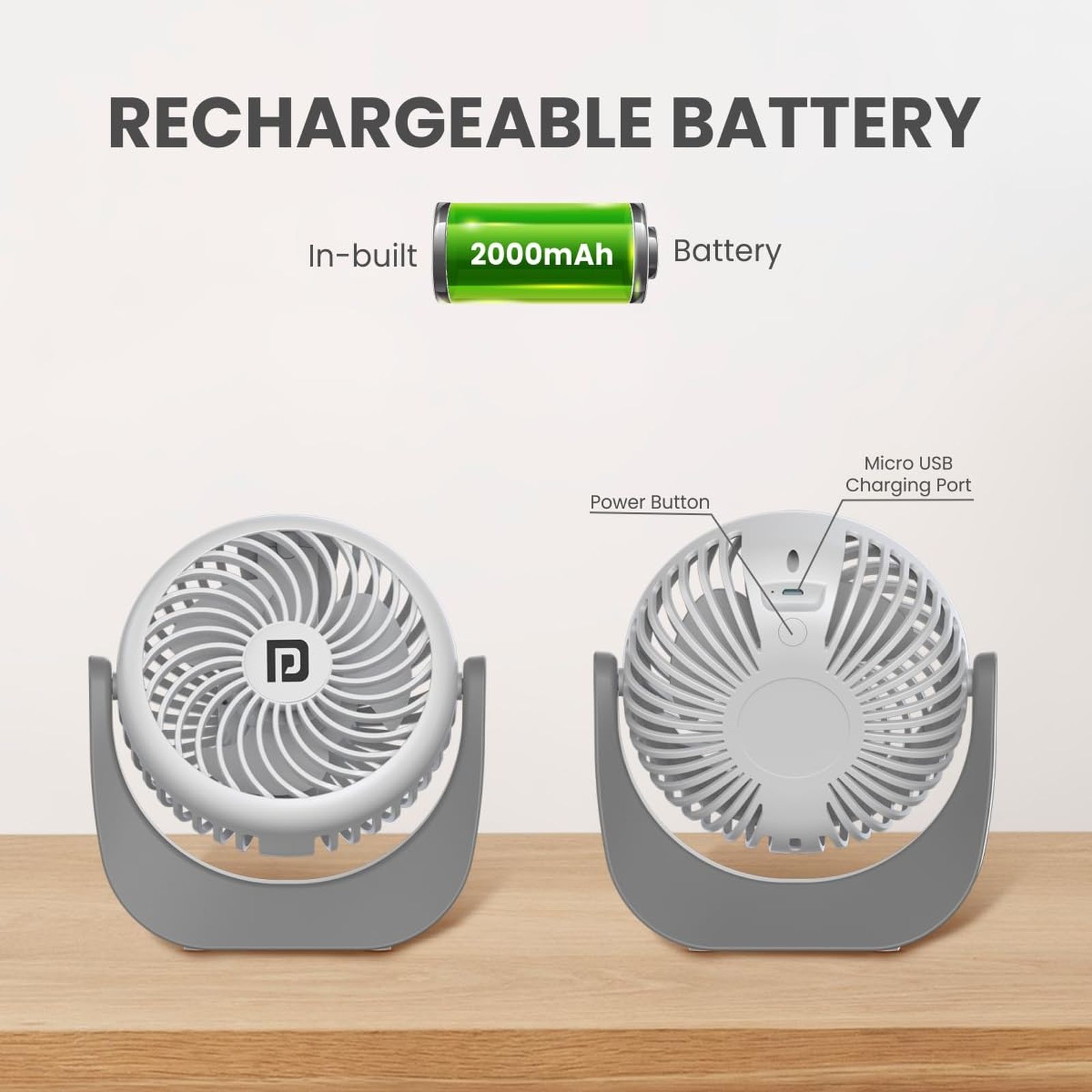 PORTRONICS Toofan 60mm 3 Blade BLDC Motor Mini Rechargeable Fan with 2000 mAh Battery (Low Noise Desk Fan, White) PORTRONICS Toofan 60mm 3 Blade BLDC Motor Mini Rechargeable Fan with 2000 mAh Battery (Low Noise Desk Fan, White)_7